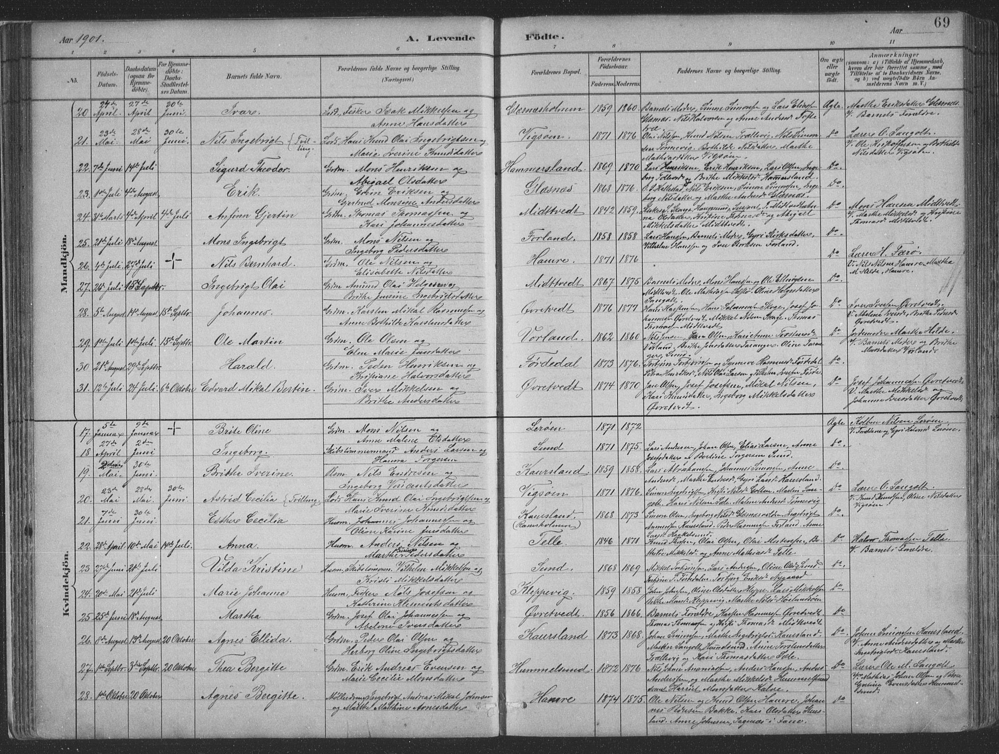 Sund sokneprestembete, AV/SAB-A-99930: Parish register (copy) no. B 3, 1882-1911, p. 69