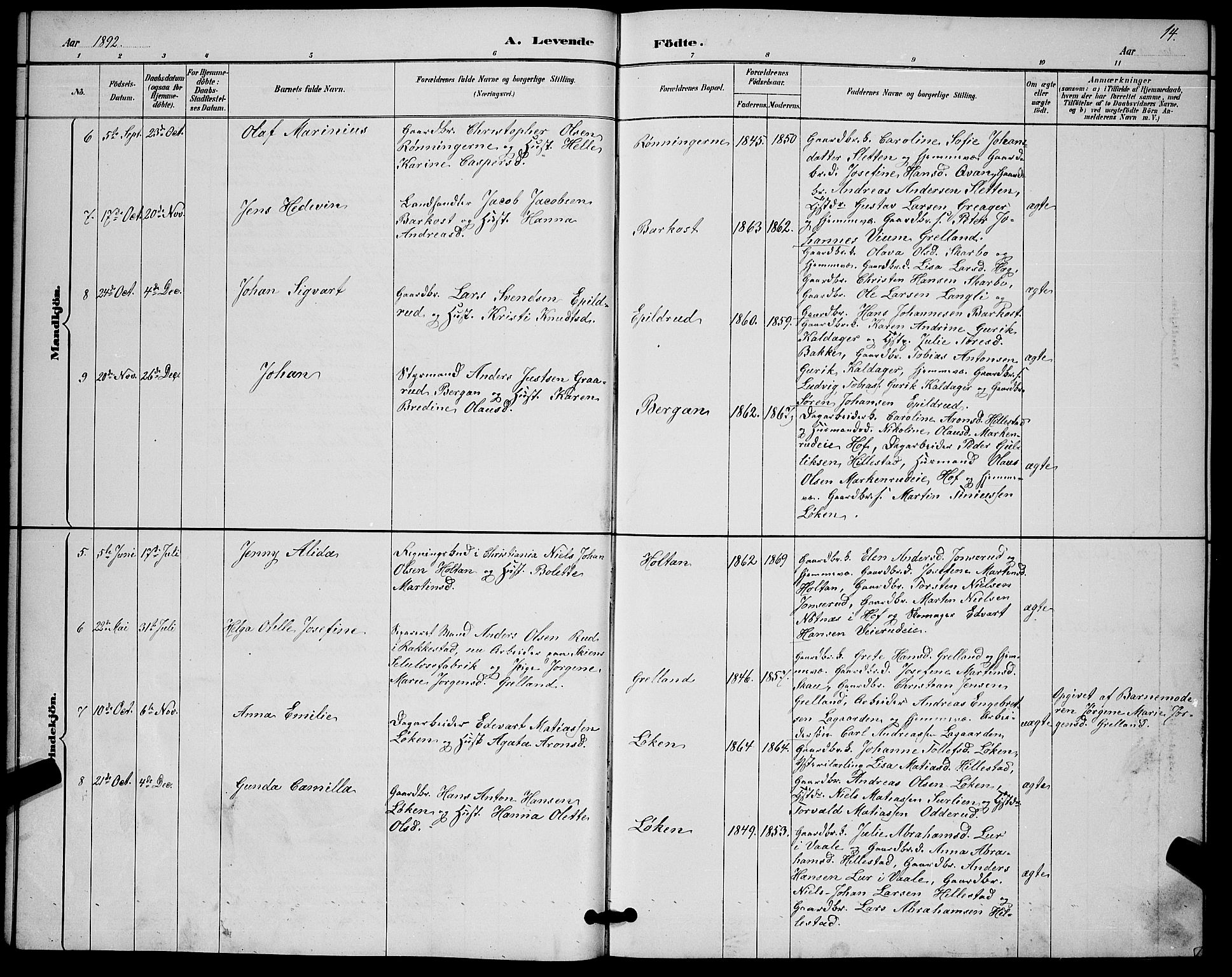 Botne kirkebøker, AV/SAKO-A-340/G/Gb/L0003: Parish register (copy) no. II 3, 1887-1899, p. 14