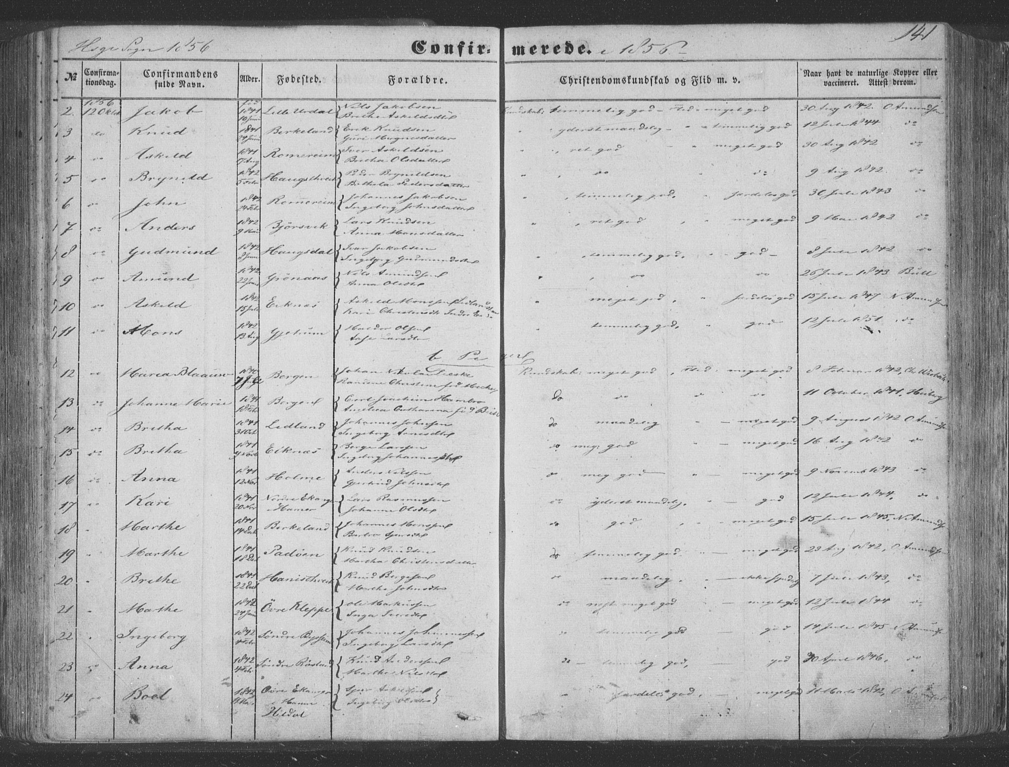 Hosanger sokneprestembete, AV/SAB-A-75801/H/Haa: Parish register (official) no. A 8, 1849-1863, p. 141