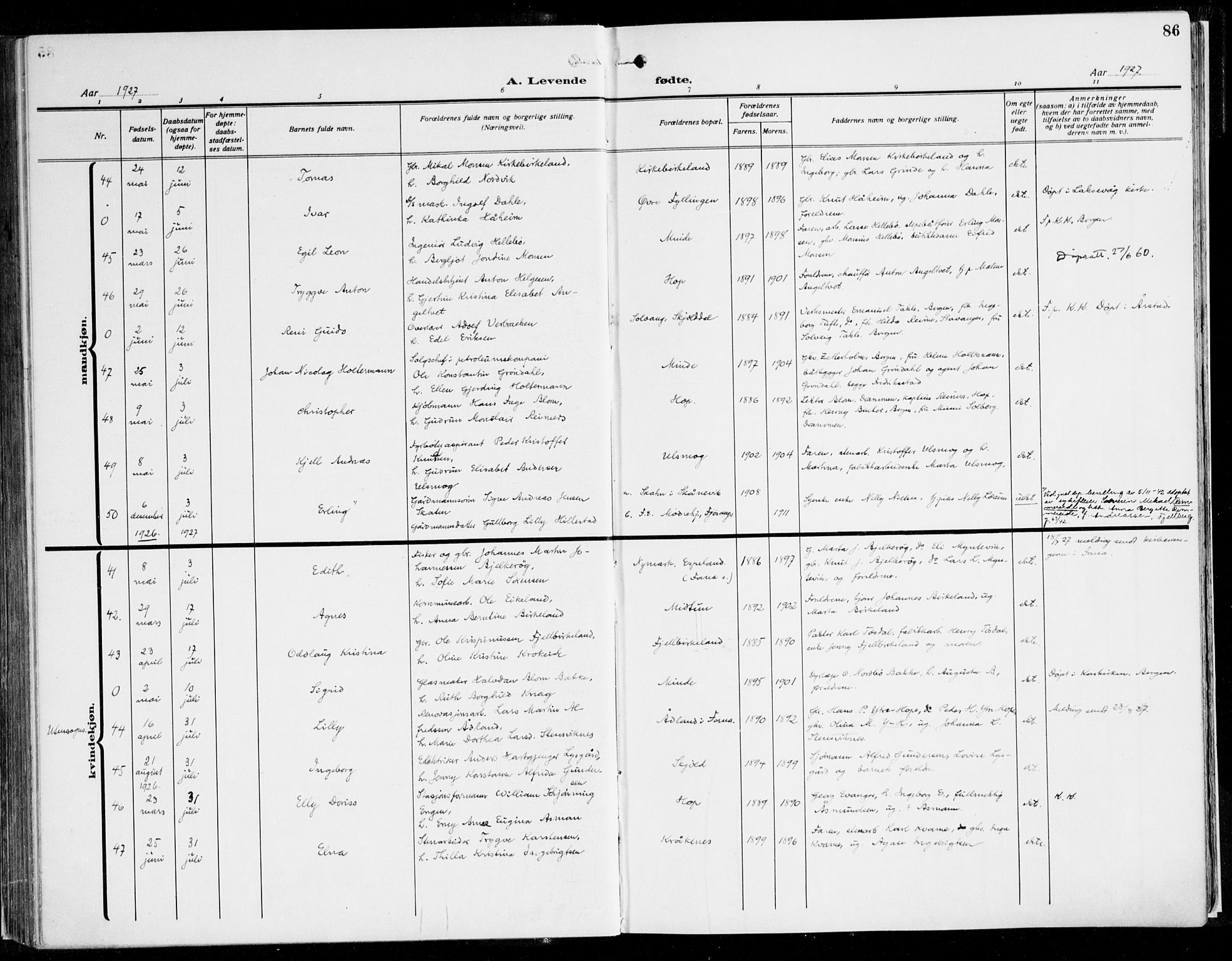 Fana Sokneprestembete, AV/SAB-A-75101/H/Haa/Haaj/L0001: Parish register (official) no. J 1, 1921-1935, p. 86