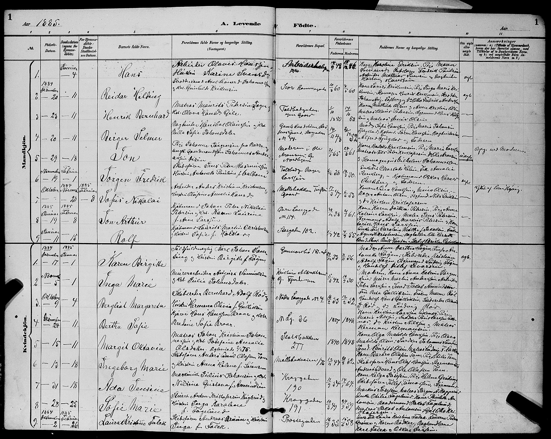 Tønsberg kirkebøker, SAKO/A-330/G/Ga/L0006: Parish register (copy) no. 6, 1885-1895, p. 1