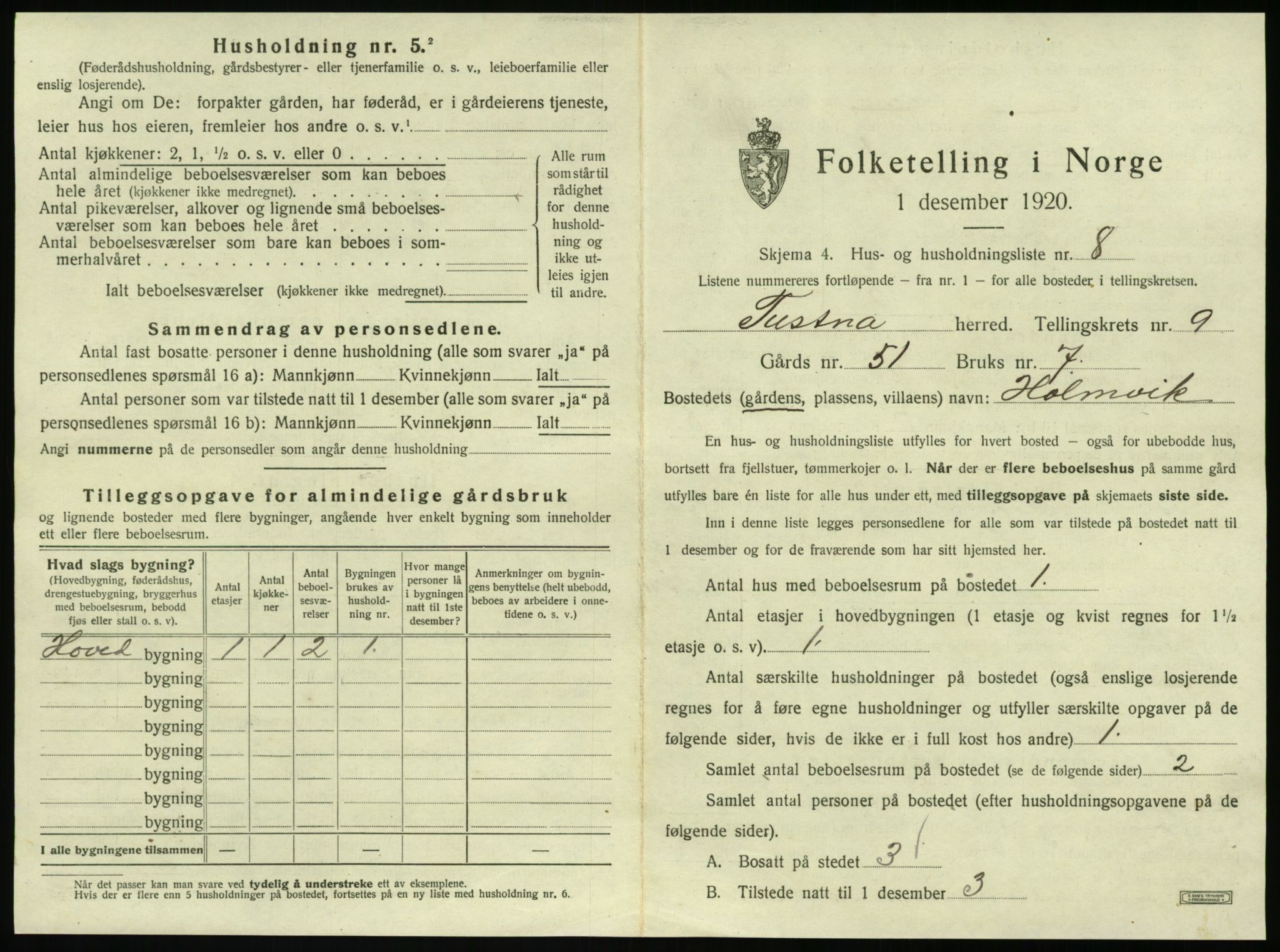 SAT, 1920 census for Tustna, 1920, p. 591