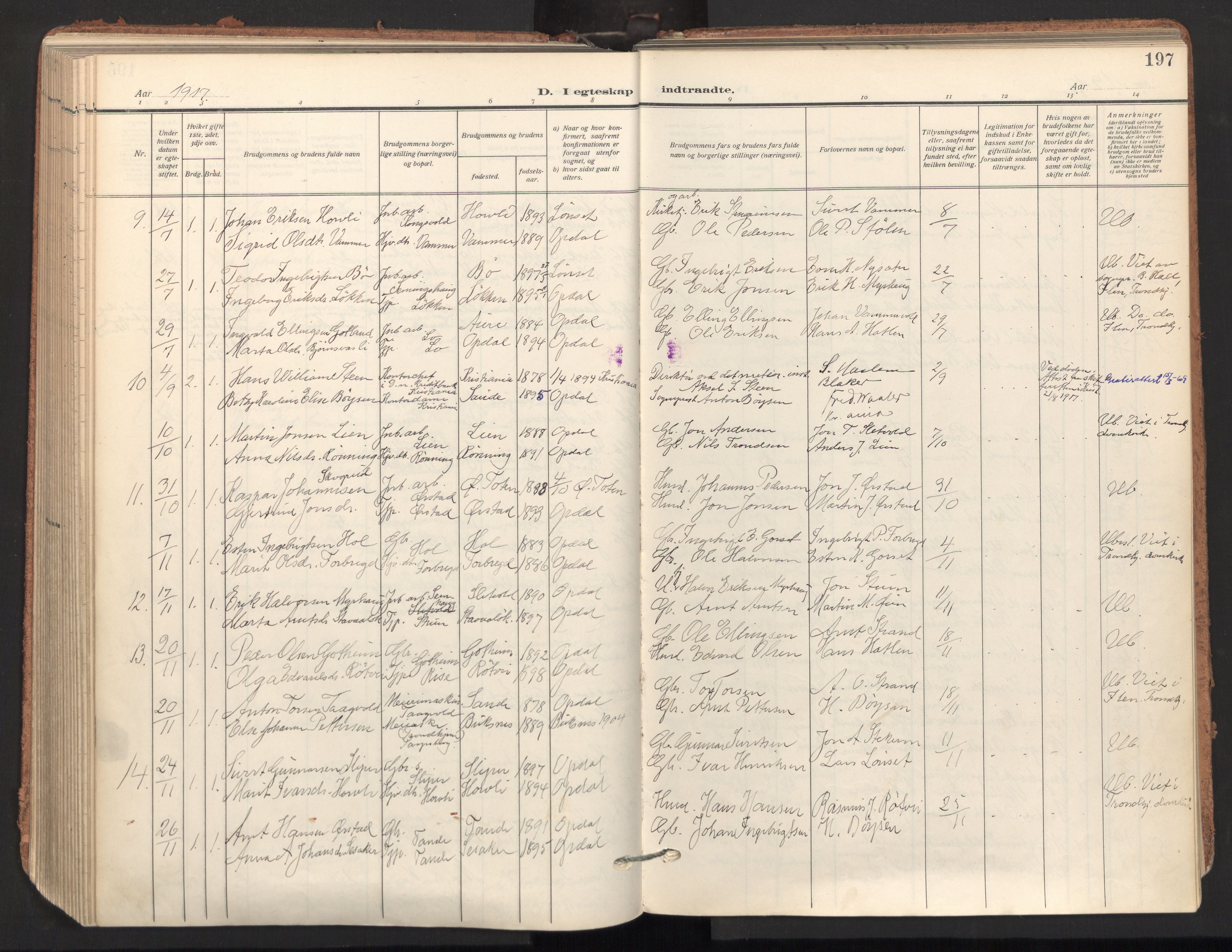 Ministerialprotokoller, klokkerbøker og fødselsregistre - Sør-Trøndelag, AV/SAT-A-1456/678/L0909: Parish register (official) no. 678A17, 1912-1930, p. 197