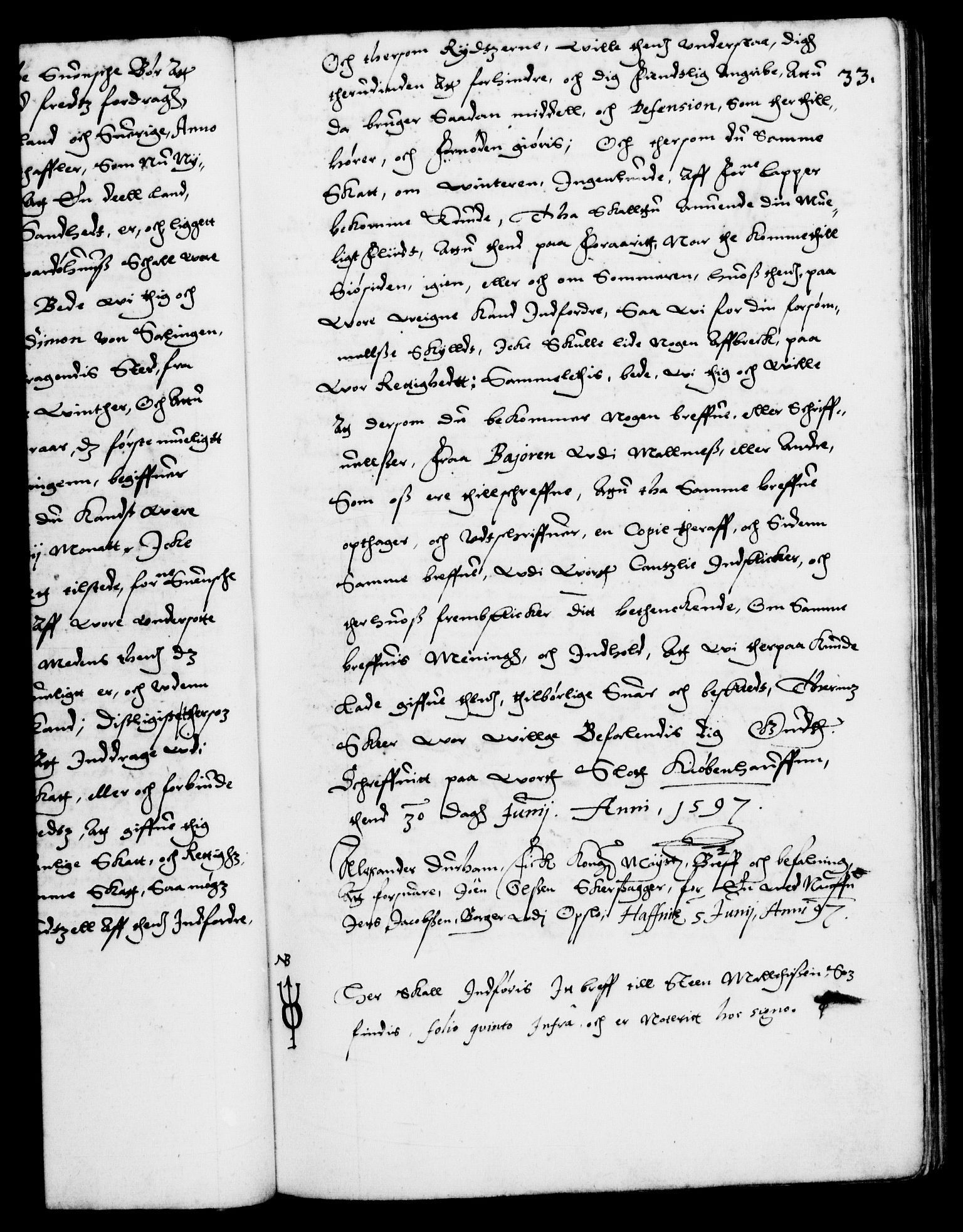 Danske Kanselli 1572-1799, RA/EA-3023/F/Fc/Fca/Fcab/L0003: Norske tegnelser (mikrofilm), 1596-1616, p. 33a