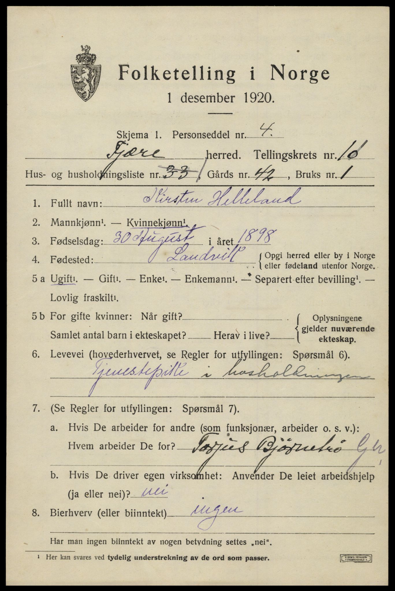 SAK, 1920 census for Fjære, 1920, p. 11733