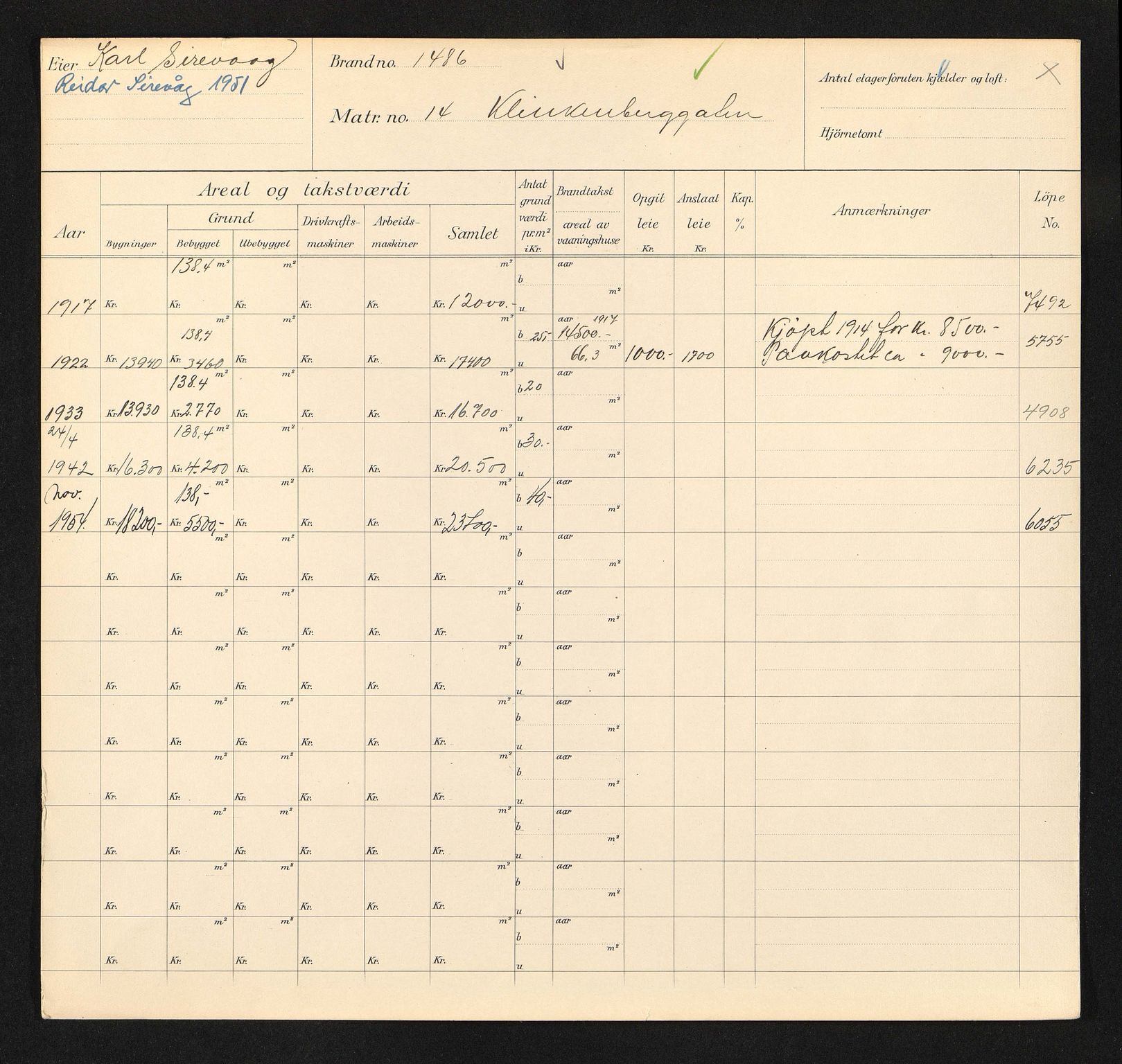 Stavanger kommune. Skattetakstvesenet, BYST/A-0440/F/Fa/Faa/L0025/0003: Skattetakstkort / Klinkenberggata 8 - 60