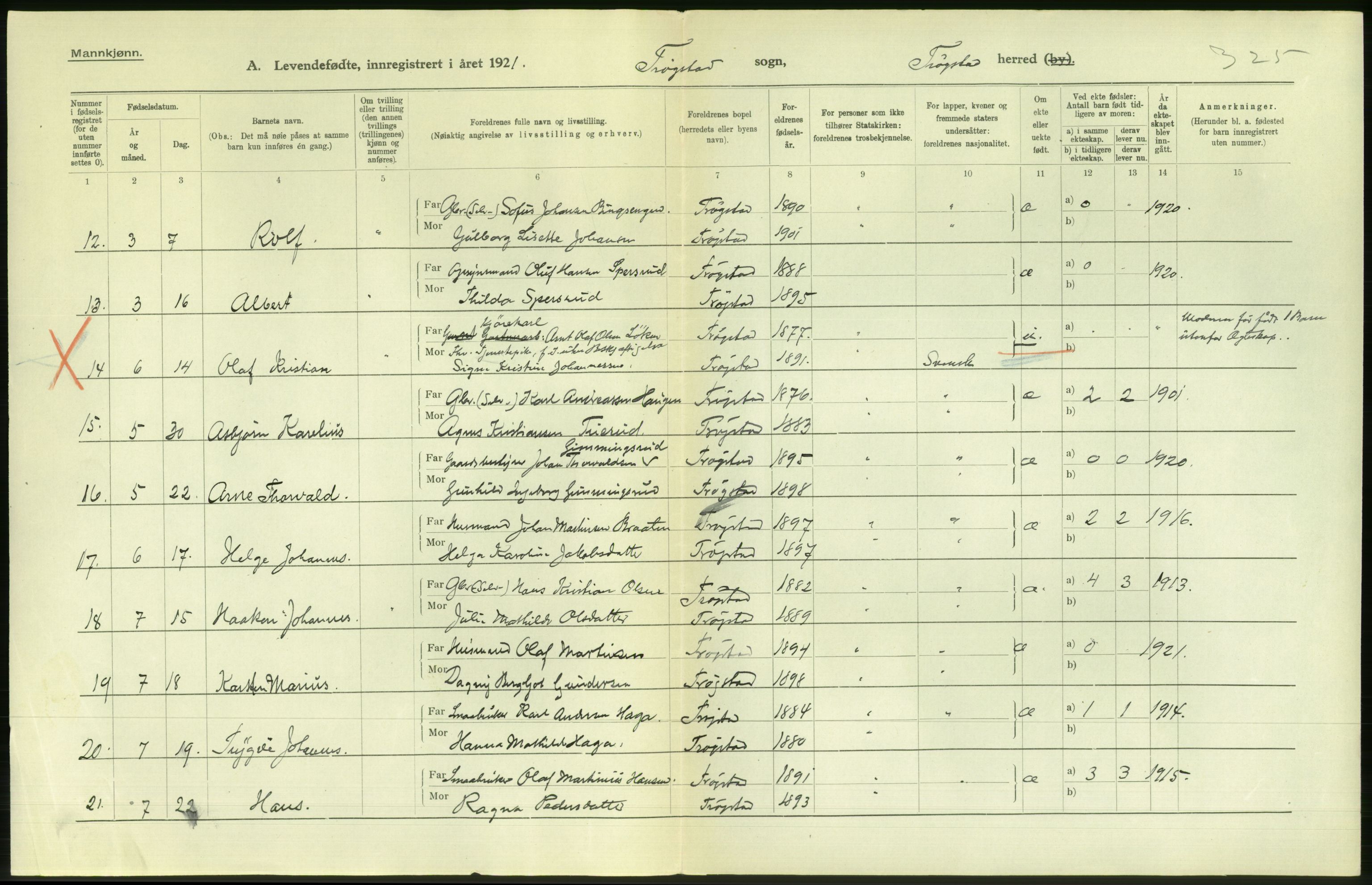 Statistisk sentralbyrå, Sosiodemografiske emner, Befolkning, AV/RA-S-2228/D/Df/Dfc/Dfca/L0001: Østfold fylke: Levendefødte menn og kvinner. Bygder., 1921, p. 4