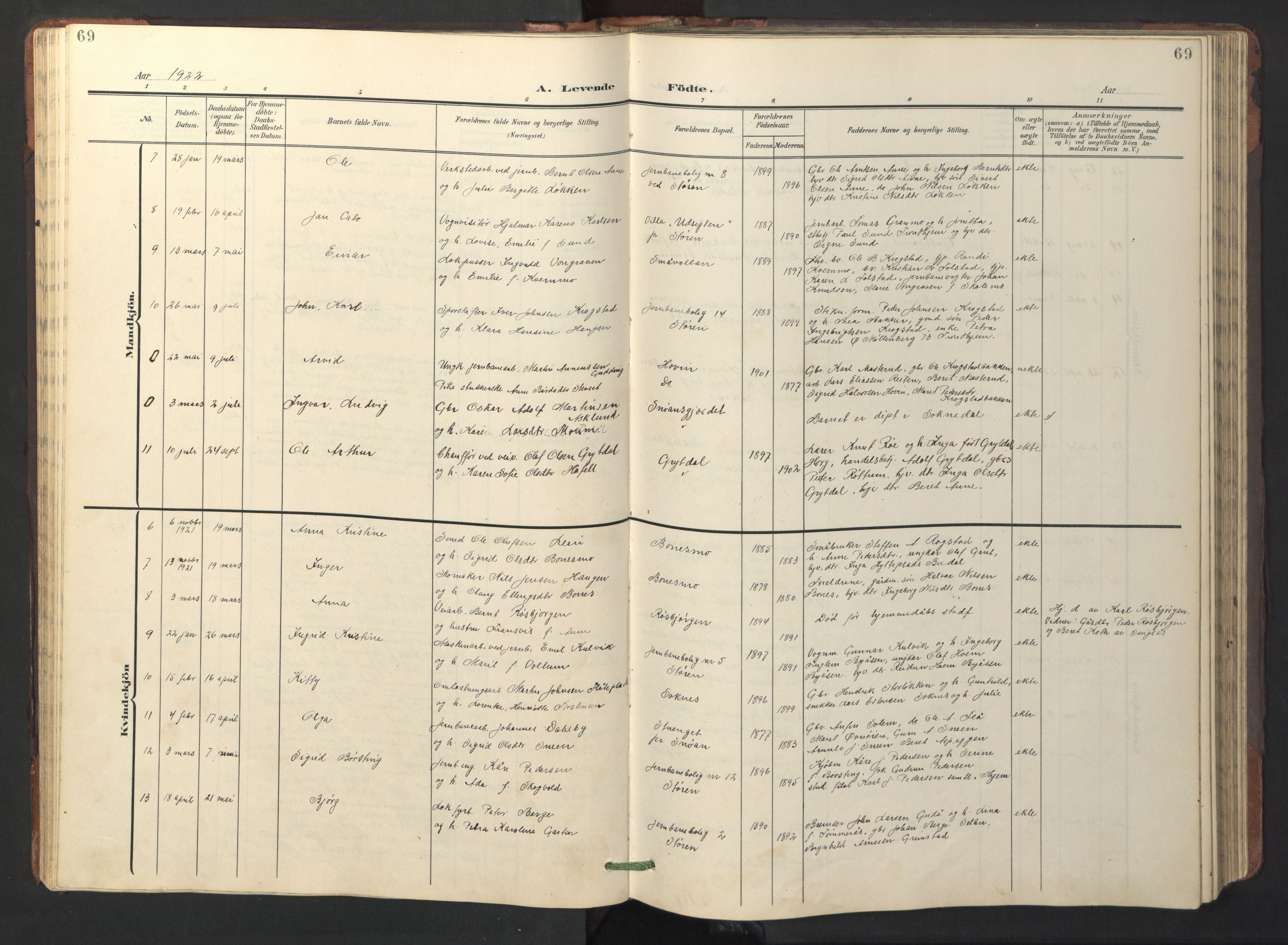 Ministerialprotokoller, klokkerbøker og fødselsregistre - Sør-Trøndelag, SAT/A-1456/687/L1019: Parish register (copy) no. 687C03, 1904-1931, p. 69