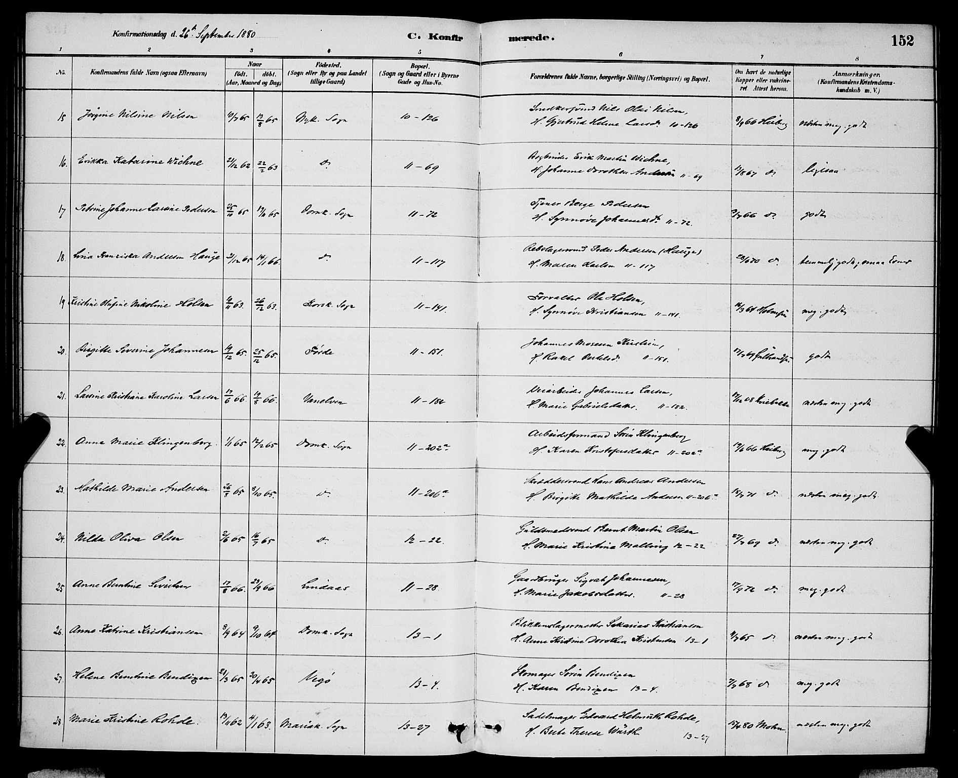 Domkirken sokneprestembete, SAB/A-74801/H/Hab/L0024: Parish register (copy) no. C 4, 1880-1899, p. 152