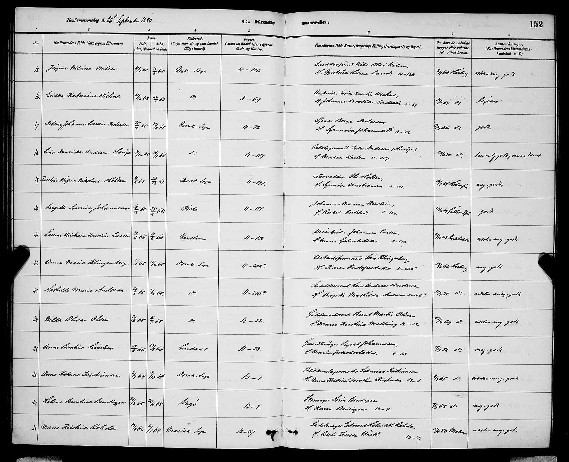 Domkirken sokneprestembete, AV/SAB-A-74801/H/Hab/L0024: Parish register (copy) no. C 4, 1880-1899, p. 152