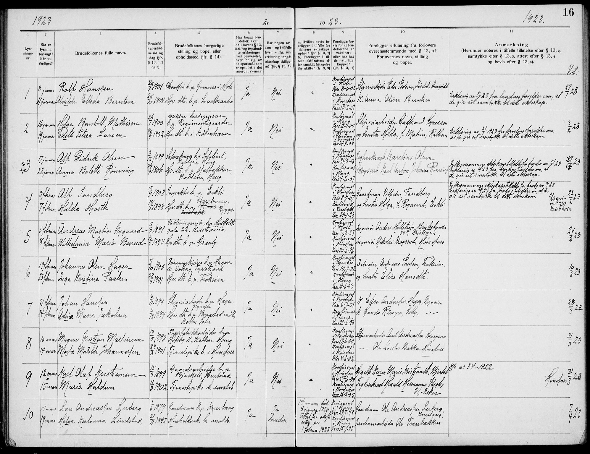 Norderhov kirkebøker, AV/SAKO-A-237/H/Ha/L0004: Banns register no. 4, 1920-1938, p. 16