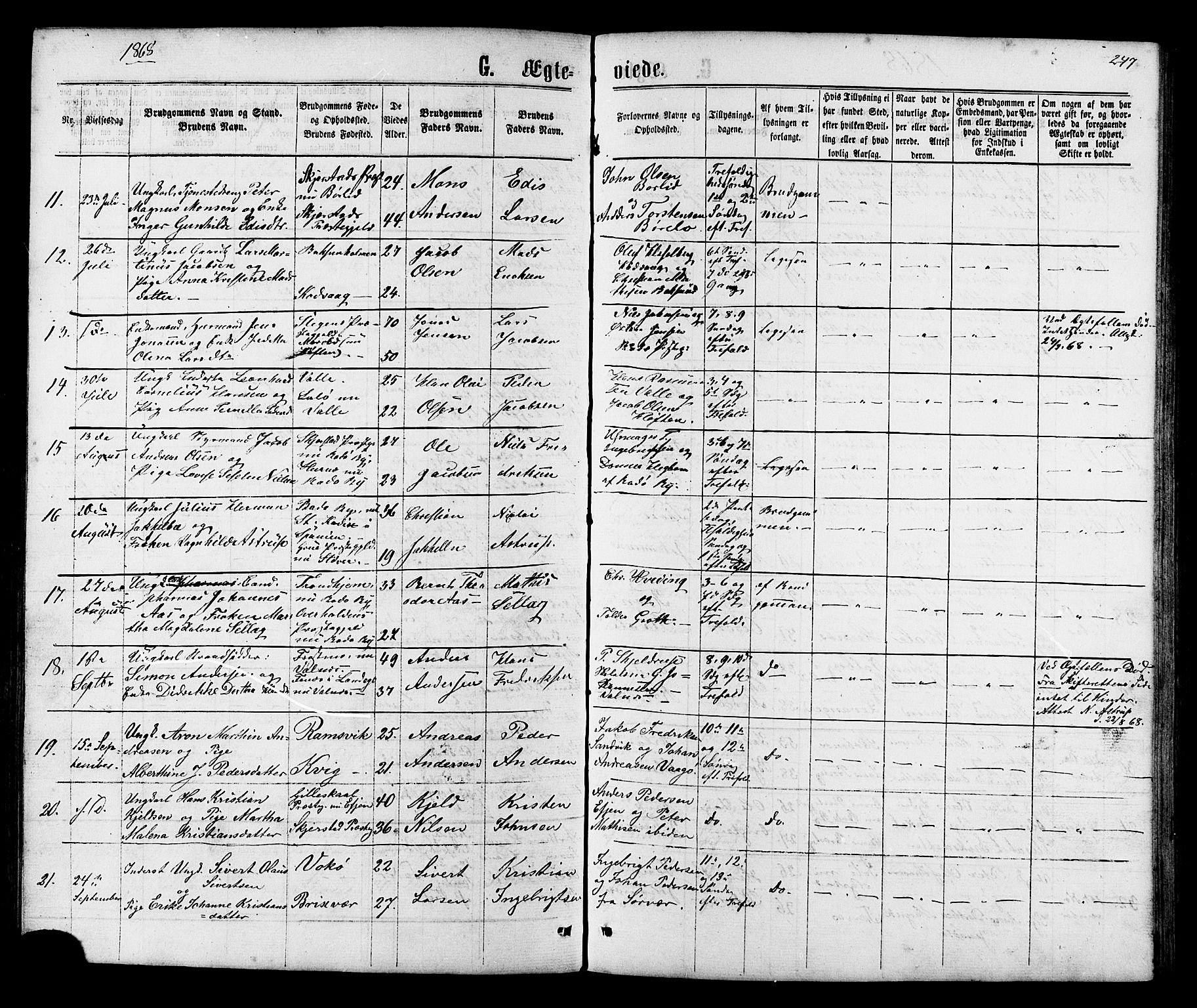 Ministerialprotokoller, klokkerbøker og fødselsregistre - Nordland, SAT/A-1459/801/L0029: Parish register (copy) no. 801C04, 1868-1878, p. 247