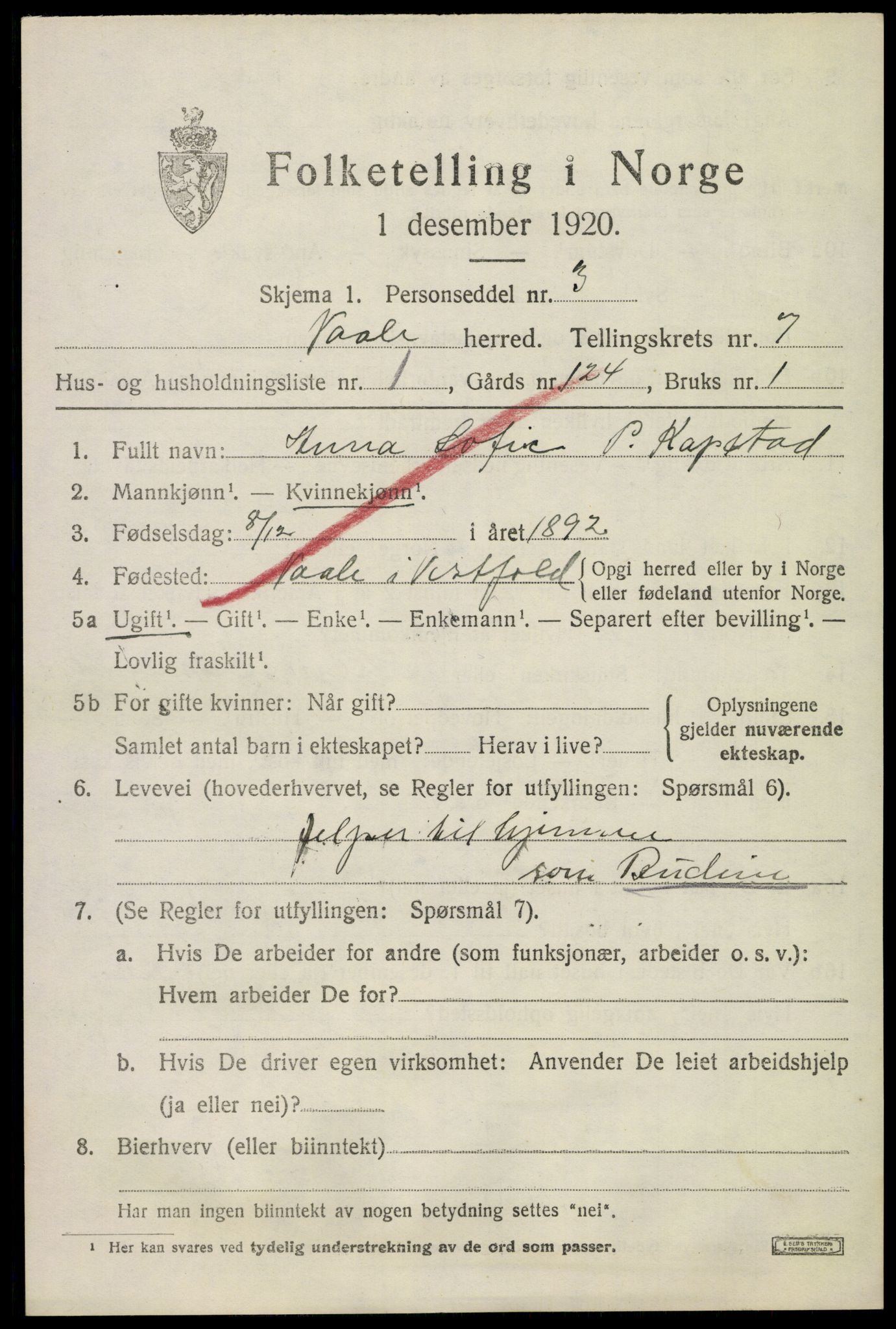 SAKO, 1920 census for Våle, 1920, p. 5504