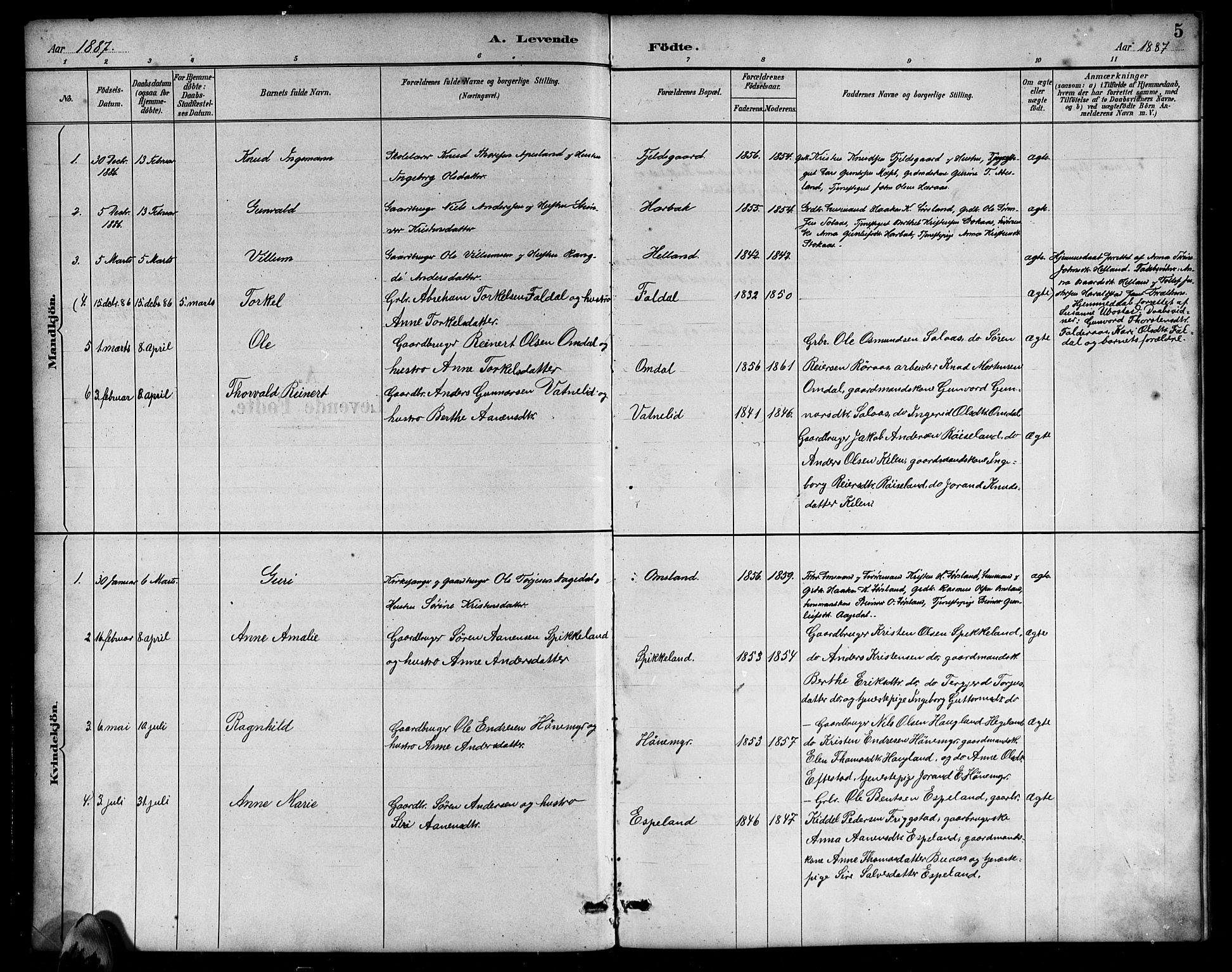 Bjelland sokneprestkontor, SAK/1111-0005/F/Fb/Fbb/L0005: Parish register (copy) no. B 5, 1887-1918, p. 5