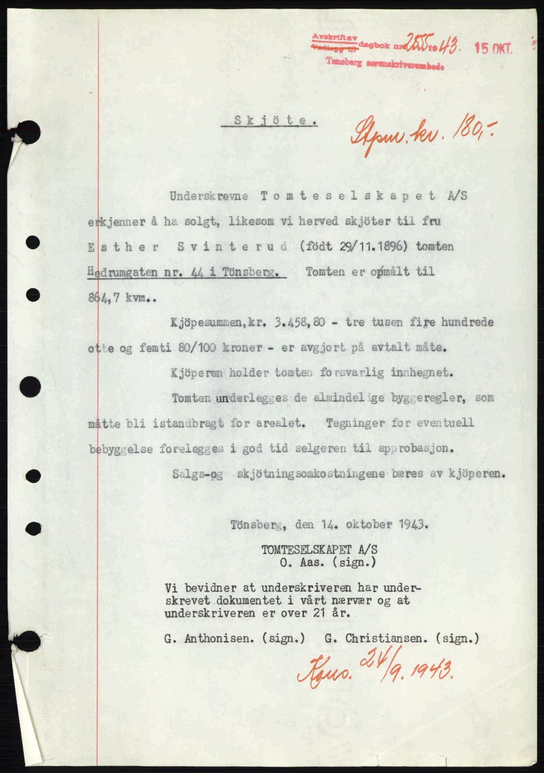 Tønsberg sorenskriveri, AV/SAKO-A-130/G/Ga/Gaa/L0014: Mortgage book no. A14, 1943-1944, Diary no: : 2555/1943