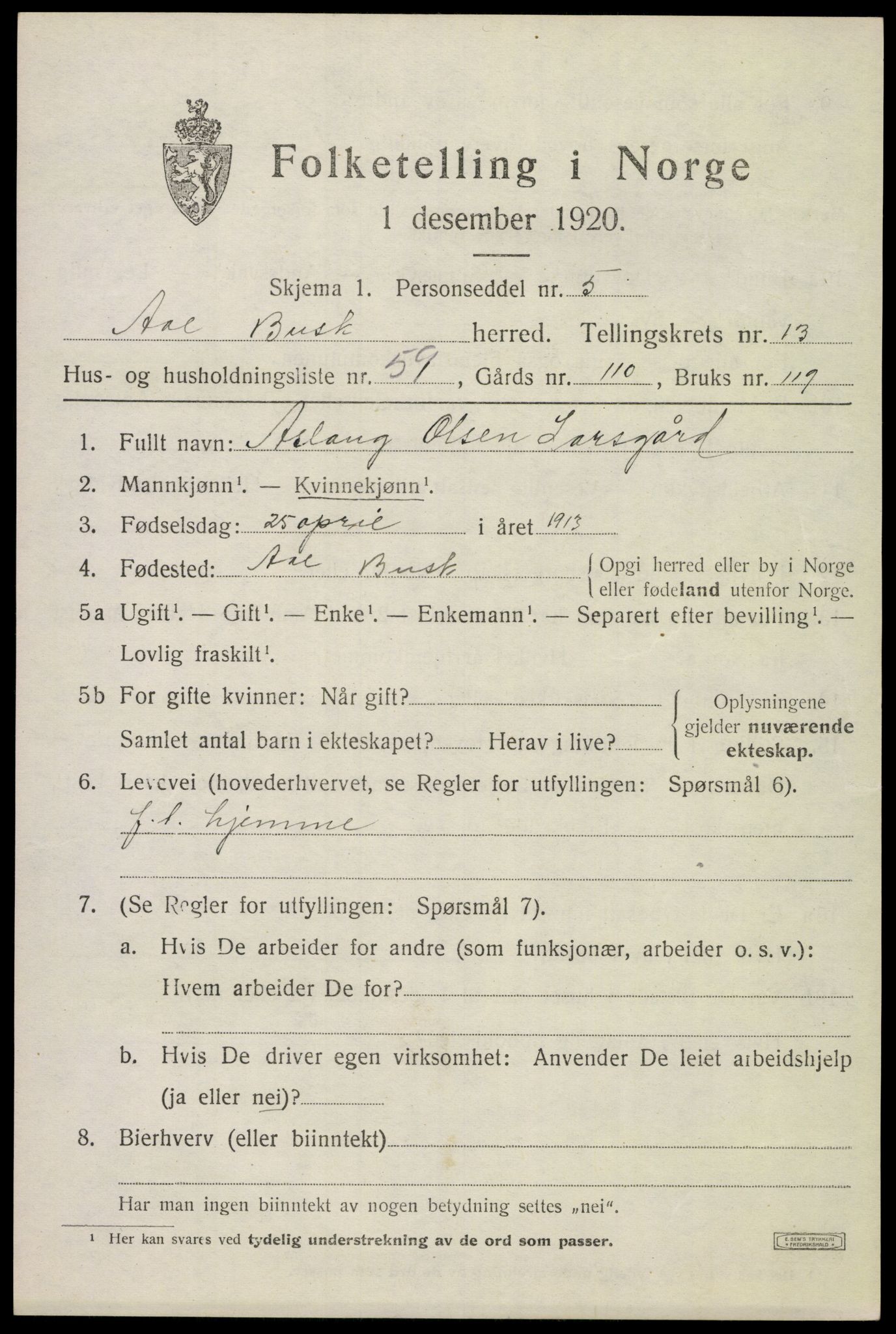 SAKO, 1920 census for Ål, 1920, p. 8062