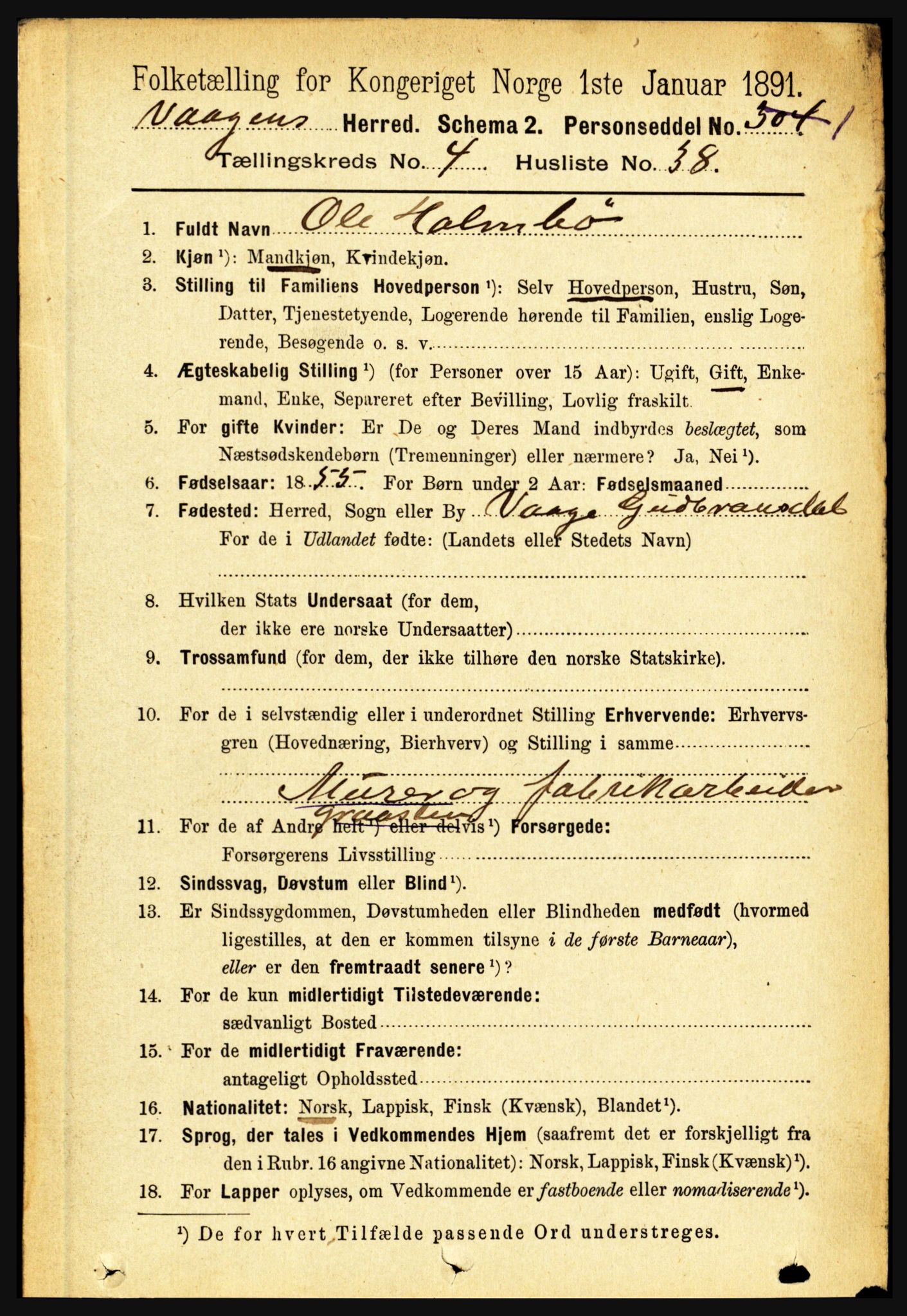 RA, 1891 census for 1865 Vågan, 1891, p. 1244