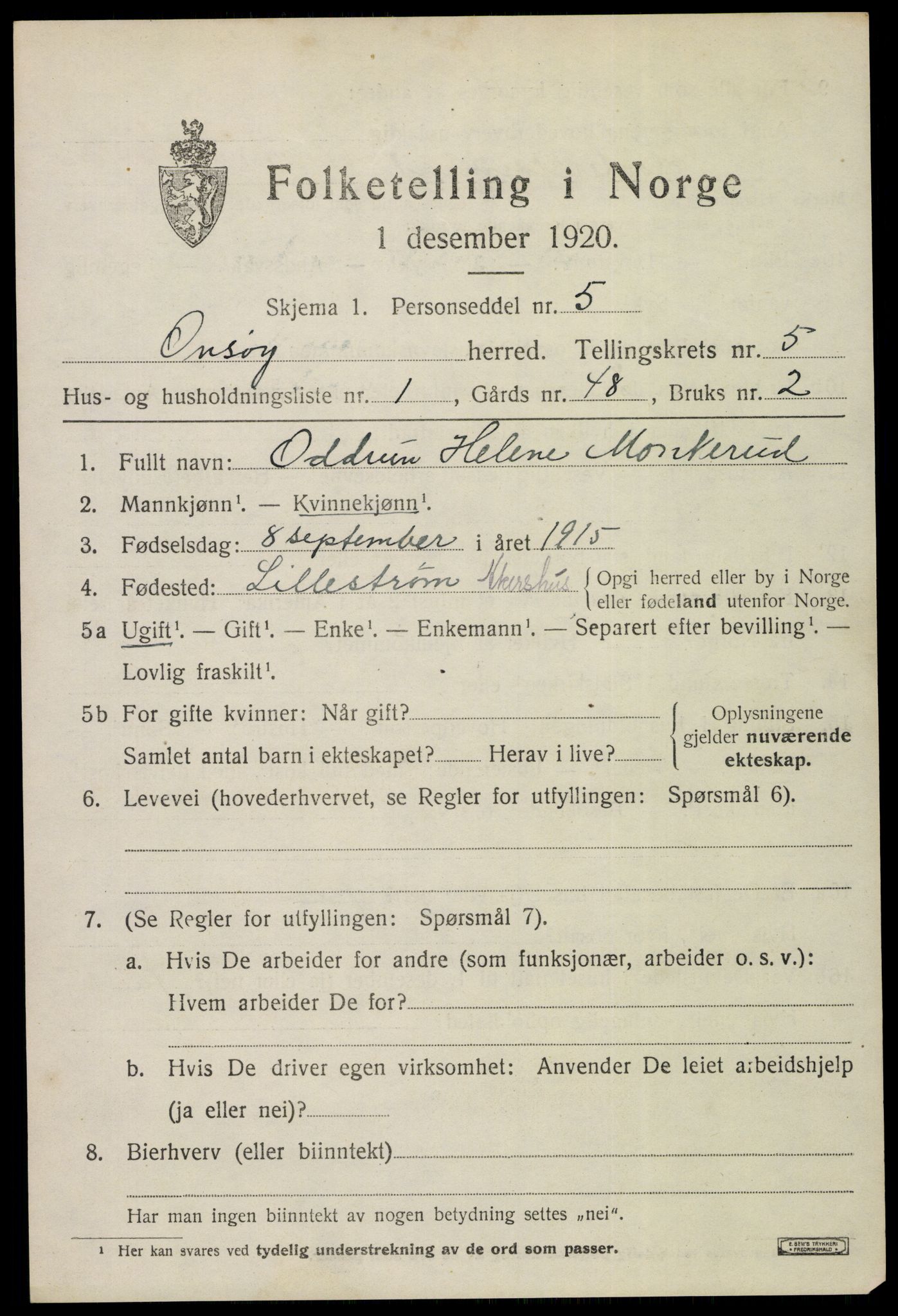 SAO, 1920 census for Onsøy, 1920, p. 6424