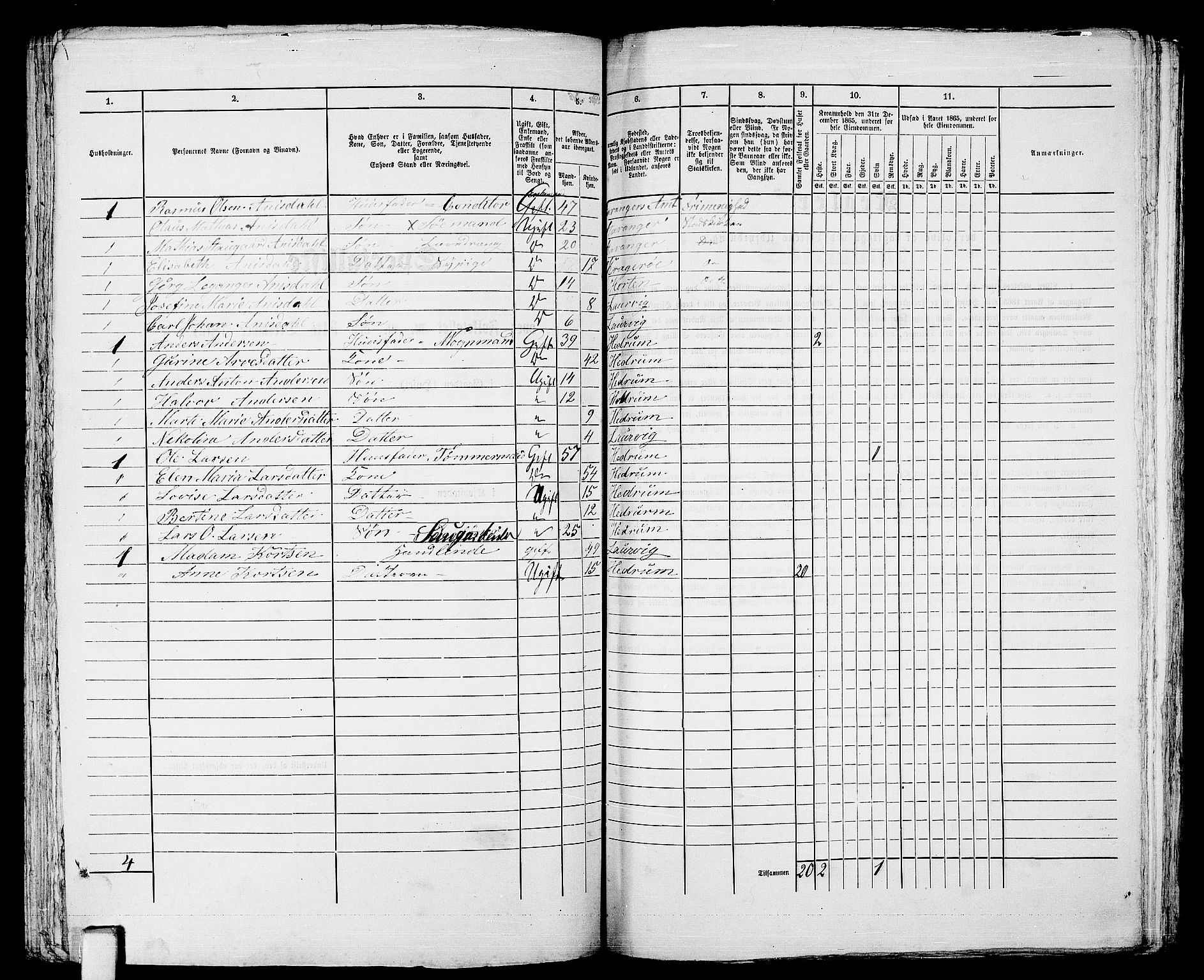 RA, 1865 census for Larvik, 1865, p. 330