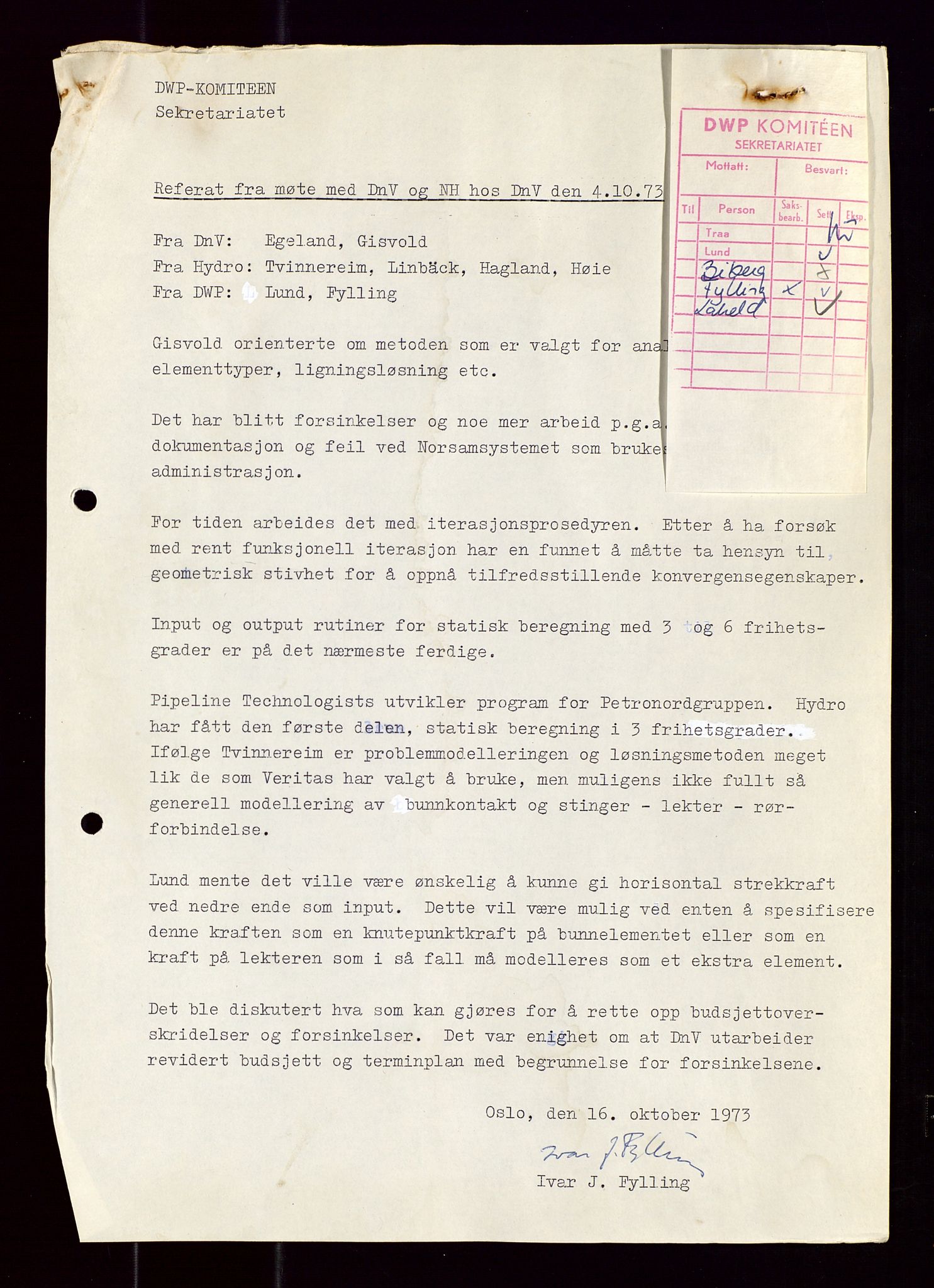 Industridepartementet, Oljekontoret, AV/SAST-A-101348/Di/L0001: DWP, møter juni - november, komiteemøter nr. 19 - 26, 1973-1974, p. 344