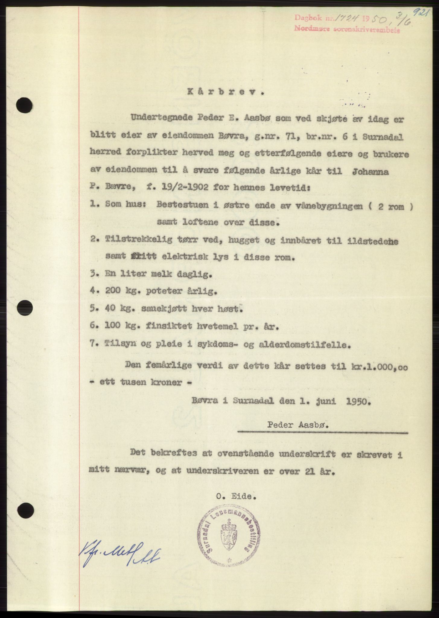 Nordmøre sorenskriveri, AV/SAT-A-4132/1/2/2Ca: Mortgage book no. B104, 1950-1950, Diary no: : 1724/1950