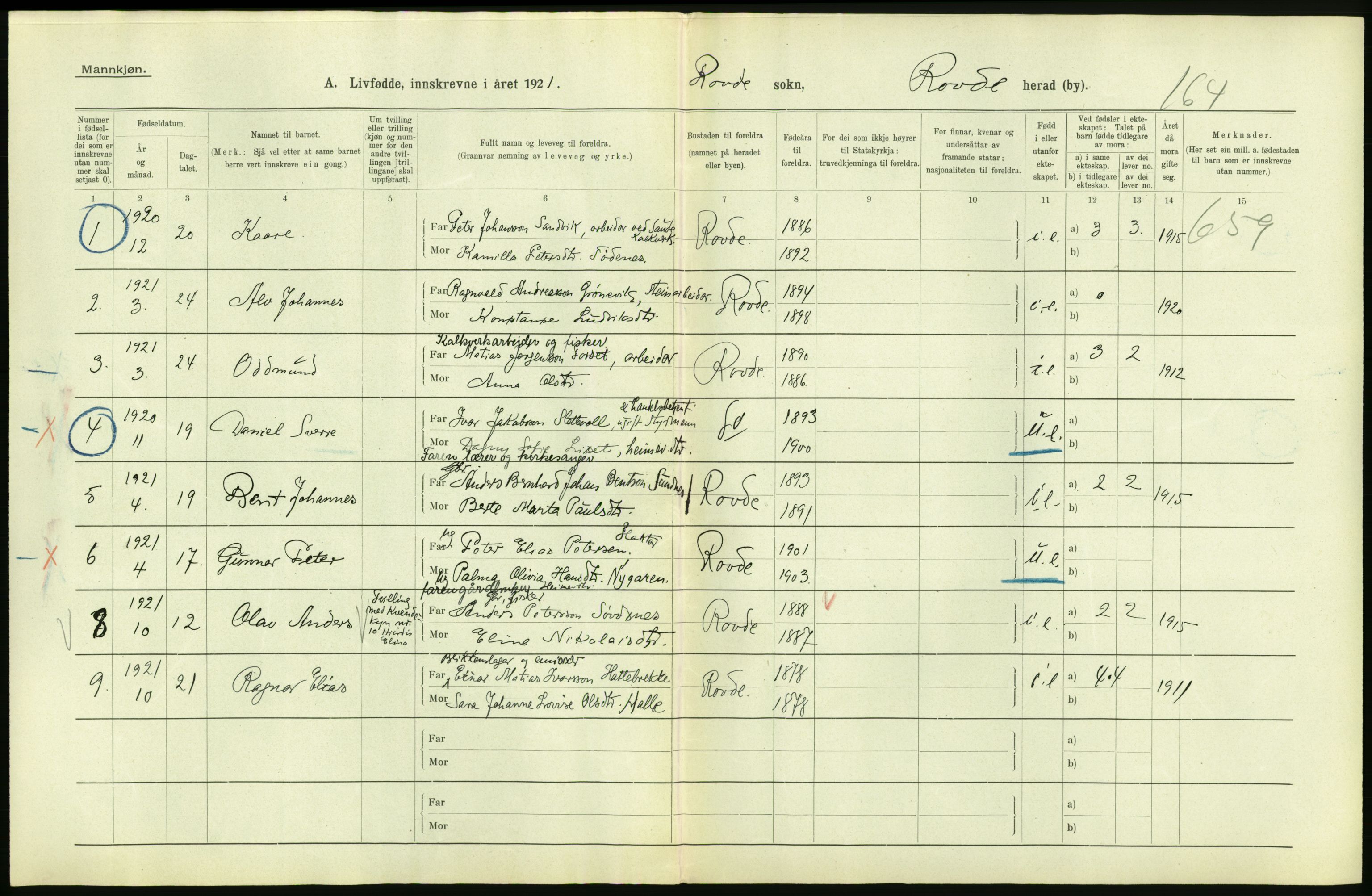 Statistisk sentralbyrå, Sosiodemografiske emner, Befolkning, RA/S-2228/D/Df/Dfc/Dfca/L0040: Møre fylke: Levendefødte menn og kvinner. Bygder., 1921, p. 18