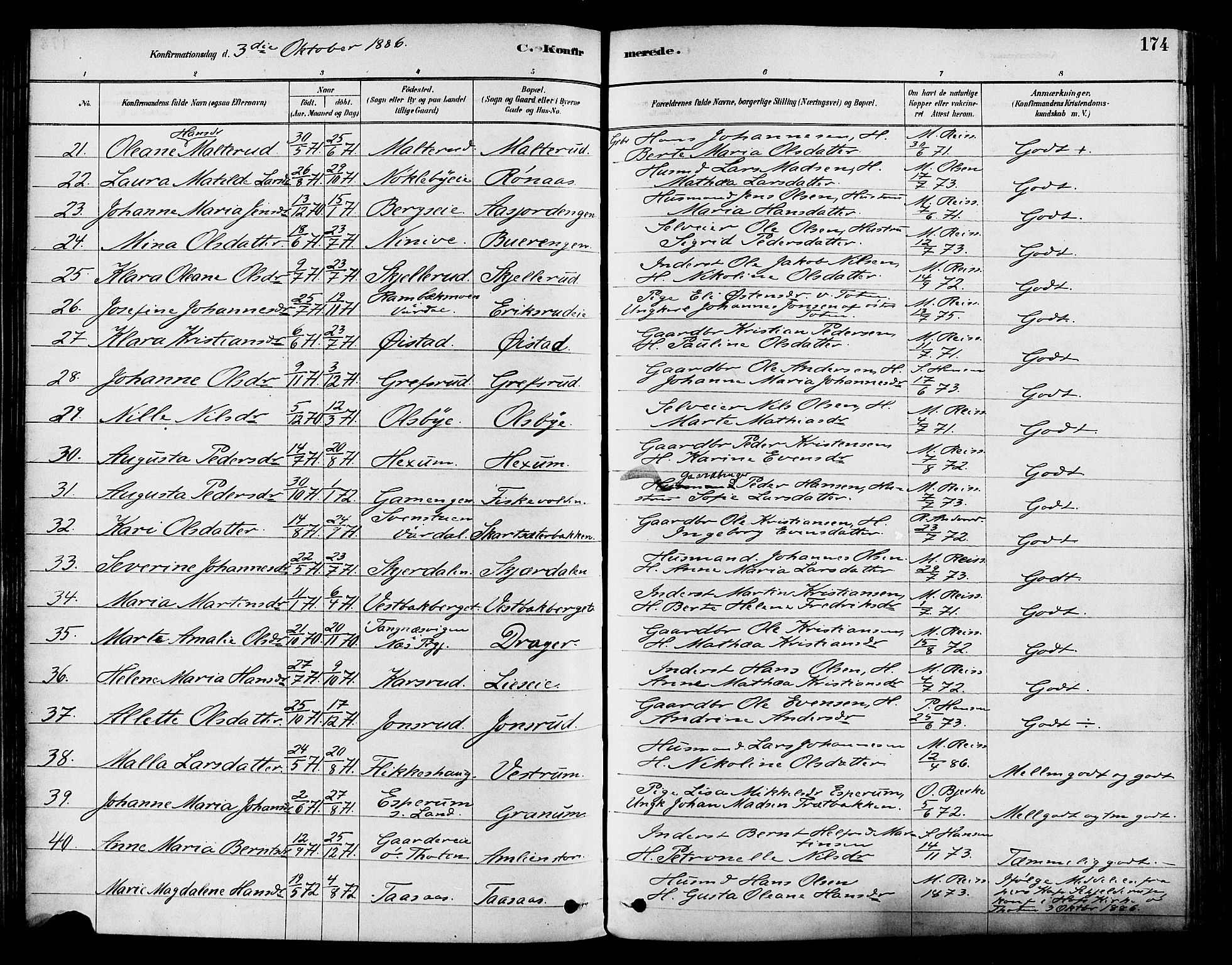 Vestre Toten prestekontor, SAH/PREST-108/H/Ha/Haa/L0009: Parish register (official) no. 9, 1878-1894, p. 174