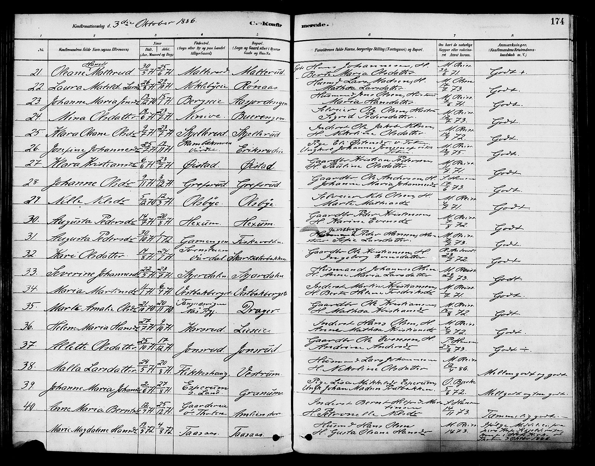 Vestre Toten prestekontor, AV/SAH-PREST-108/H/Ha/Haa/L0009: Parish register (official) no. 9, 1878-1894, p. 174