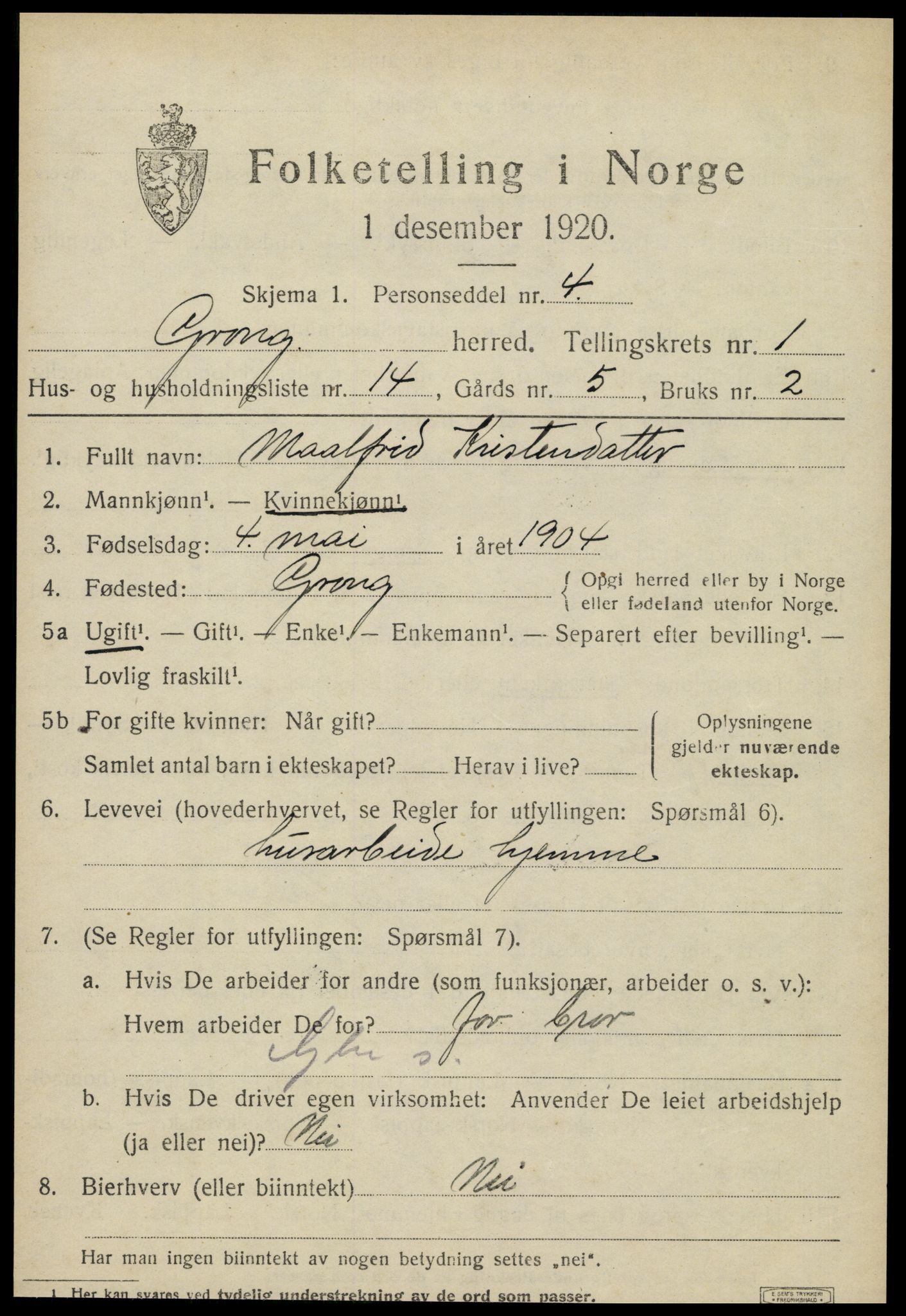 SAT, 1920 census for Grong, 1920, p. 1195