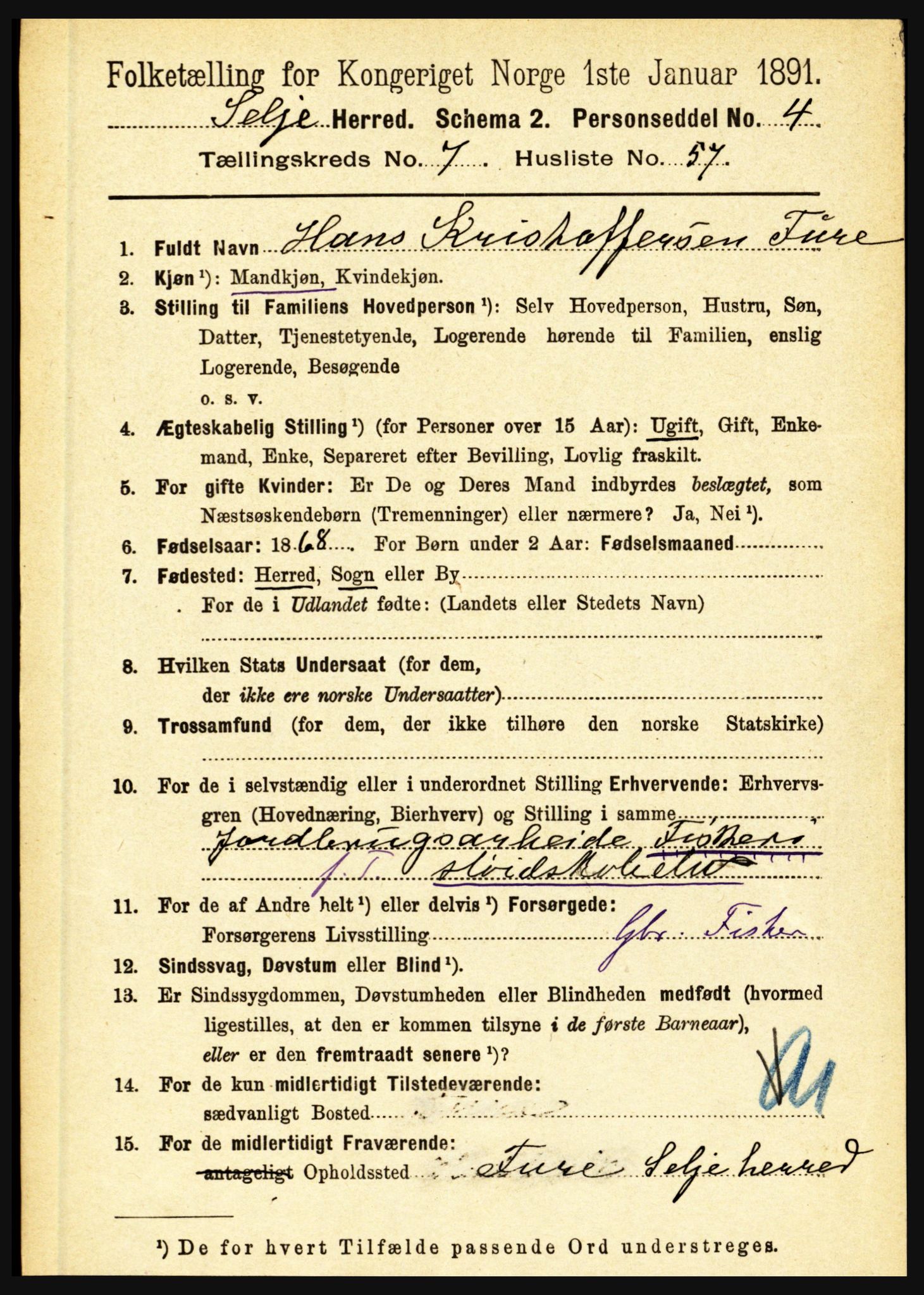 RA, 1891 census for 1441 Selje, 1891, p. 2318