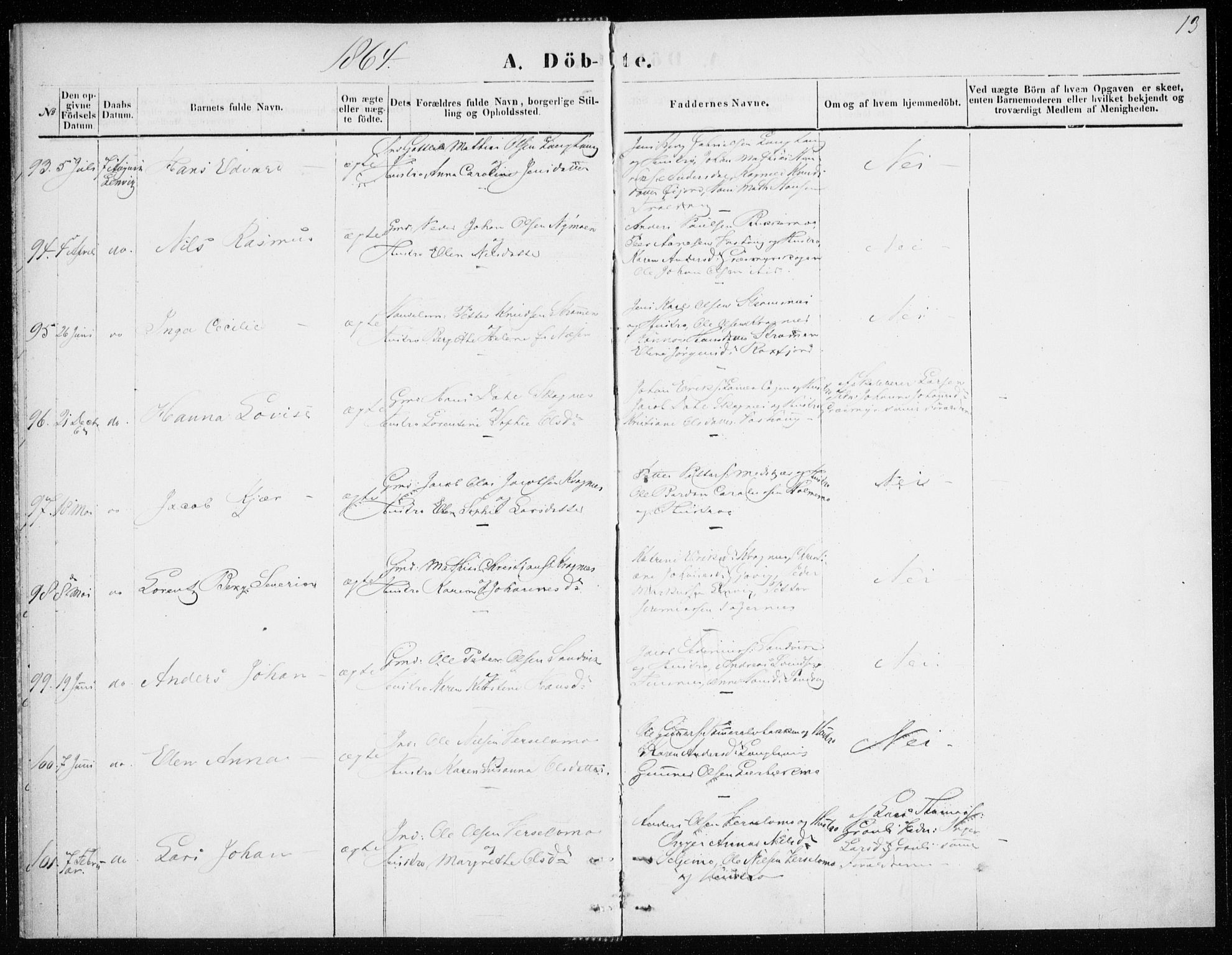 Lenvik sokneprestembete, SATØ/S-1310/H/Ha/Haa/L0008kirke: Parish register (official) no. 8, 1864-1865, p. 13