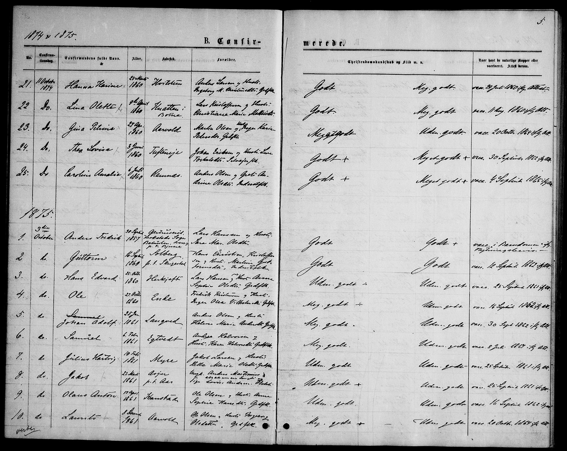 Ramnes kirkebøker, AV/SAKO-A-314/F/Fd/L0002: Curate's parish register no. IV 2, 1872-1886, p. 5