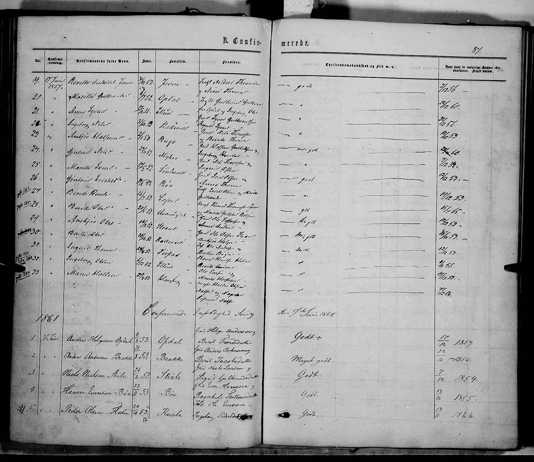 Vang prestekontor, Valdres, SAH/PREST-140/H/Ha/L0007: Parish register (official) no. 7, 1865-1881, p. 87