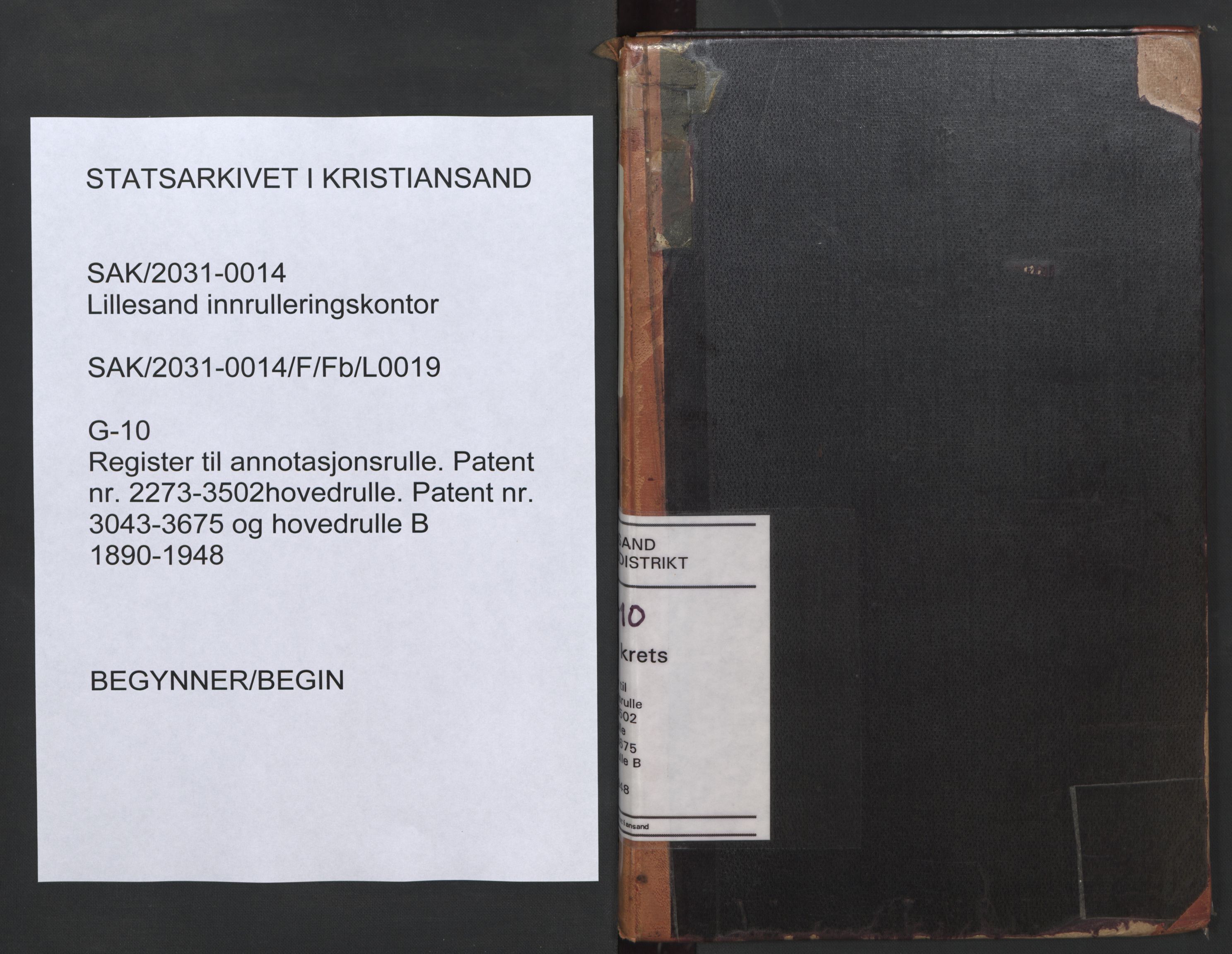 Lillesand mønstringskrets, AV/SAK-2031-0014/F/Fb/L0019: Register til annotasjonsrulle nr 2273-3502, hovedrulle nr 3043-3675 og hovedrulle B, G-10, 1890-1948, p. 1