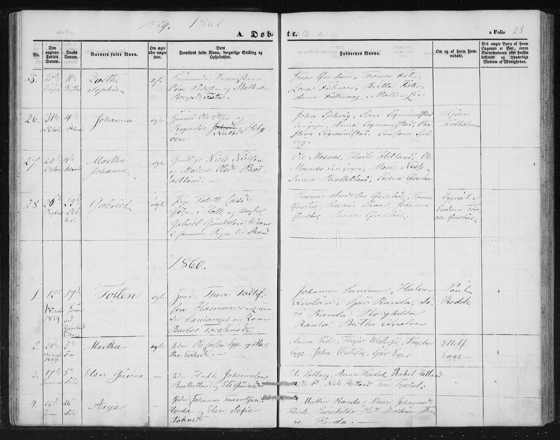 Hjelmeland sokneprestkontor, SAST/A-101843/01/IV/L0010: Parish register (official) no. A 10, 1851-1871, p. 28