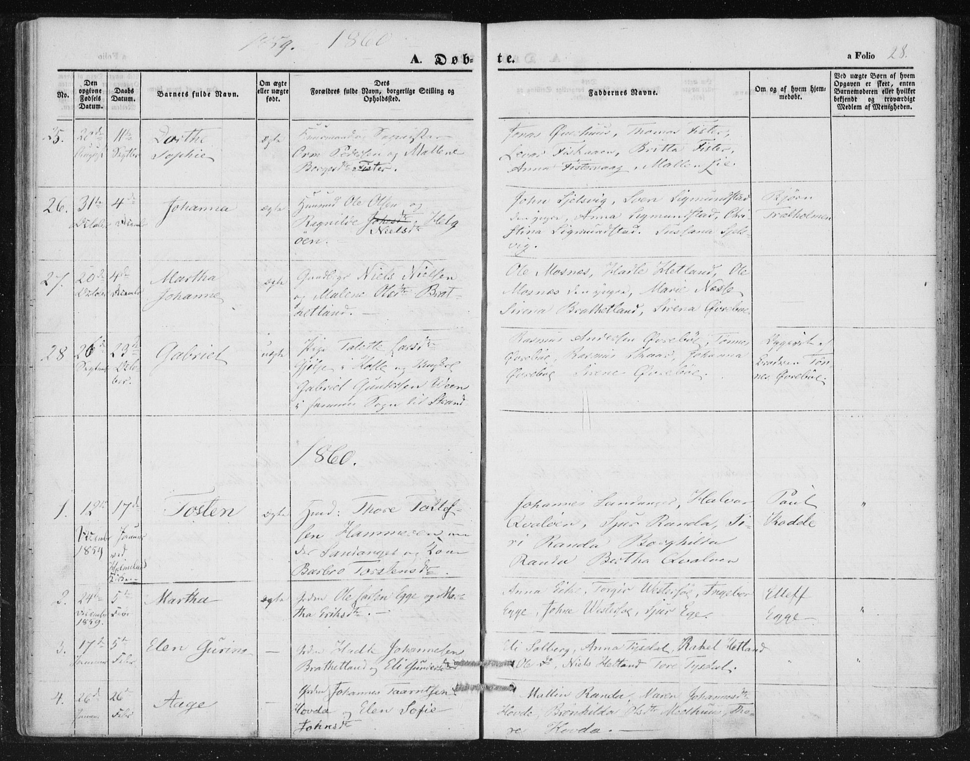 Hjelmeland sokneprestkontor, AV/SAST-A-101843/01/IV/L0010: Parish register (official) no. A 10, 1851-1871, p. 28