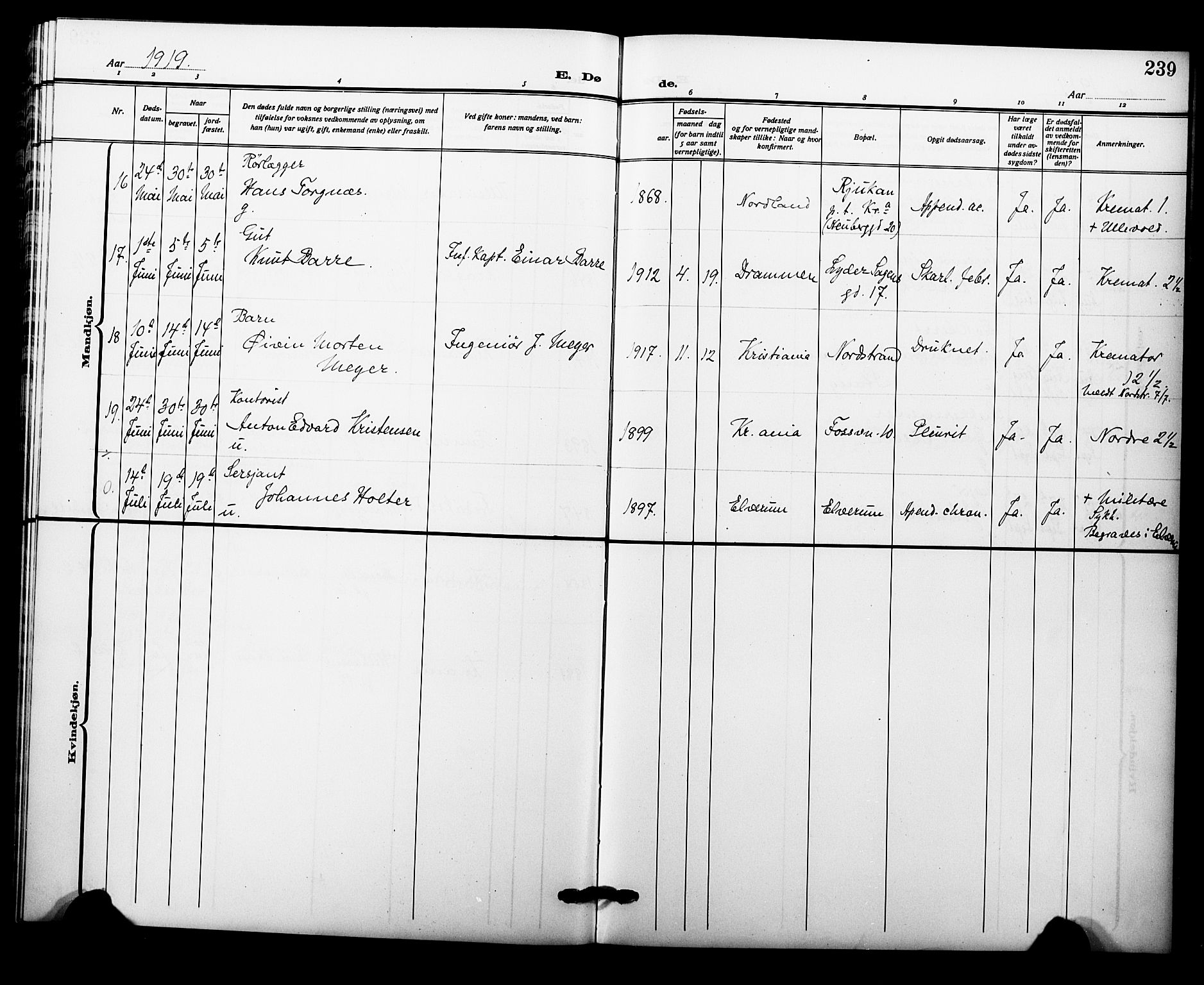 Garnisonsmenigheten Kirkebøker, AV/SAO-A-10846/F/Fa/L0015: Parish register (official) no. 15, 1915-1921, p. 239