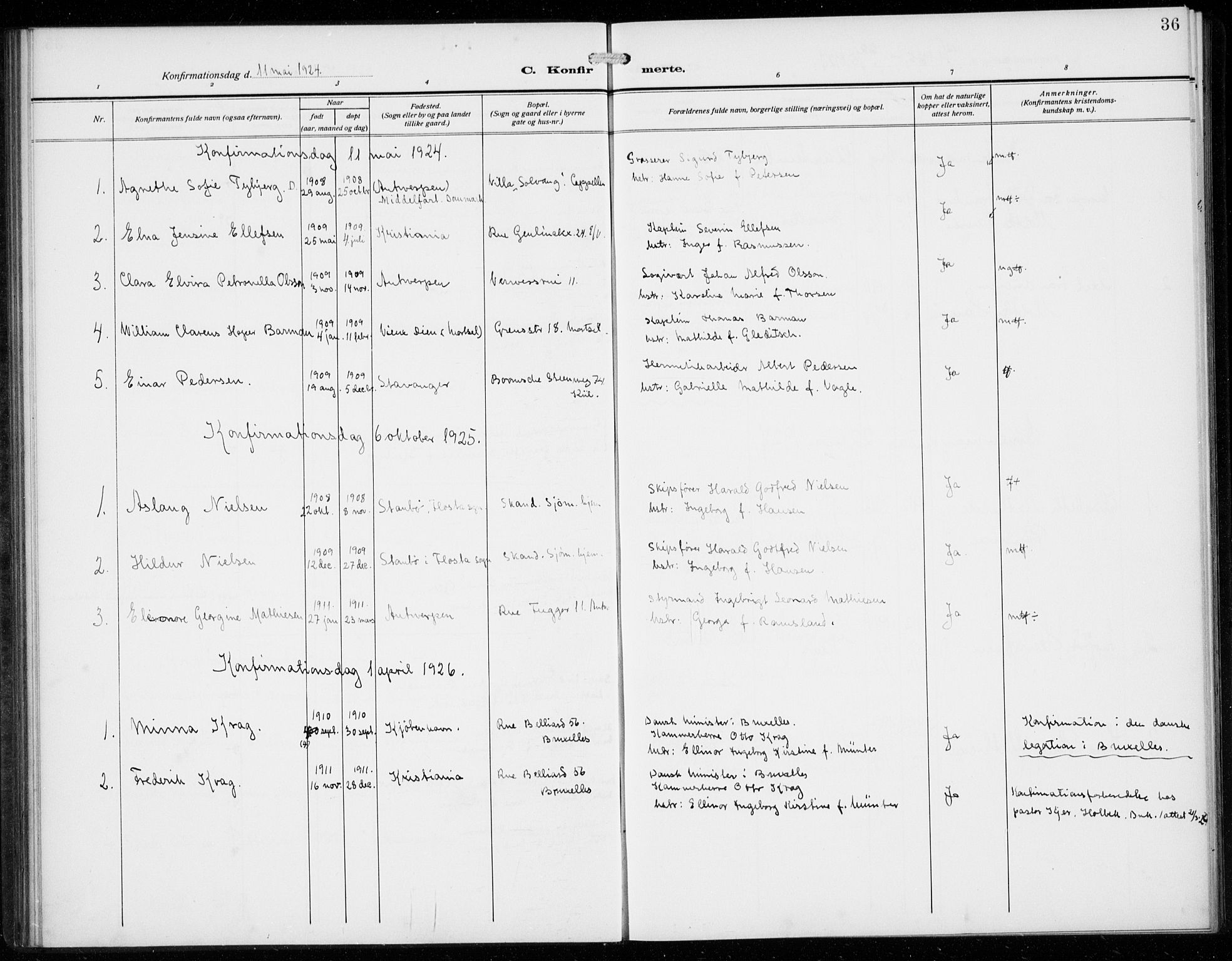 Den norske sjømannsmisjon i utlandet/Antwerpen, SAB/SAB/PA-0105/H/Ha/L0003: Parish register (official) no. A 3, 1914-1930, p. 36
