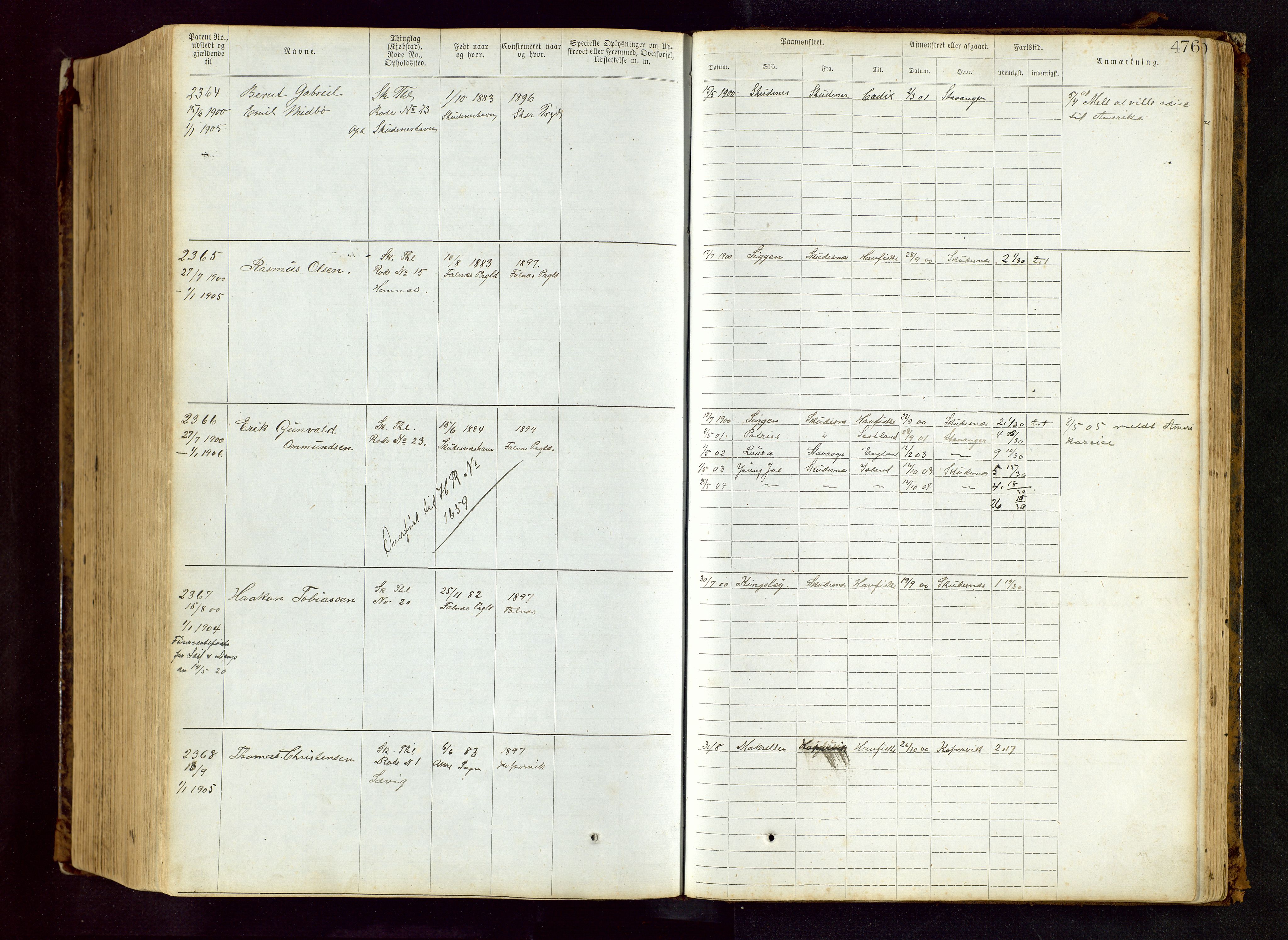 Haugesund sjømannskontor, AV/SAST-A-102007/F/Ff/L0002: Sjøfartsrulle Skudenes krets nr. 1-2719, 1868-1948, p. 476