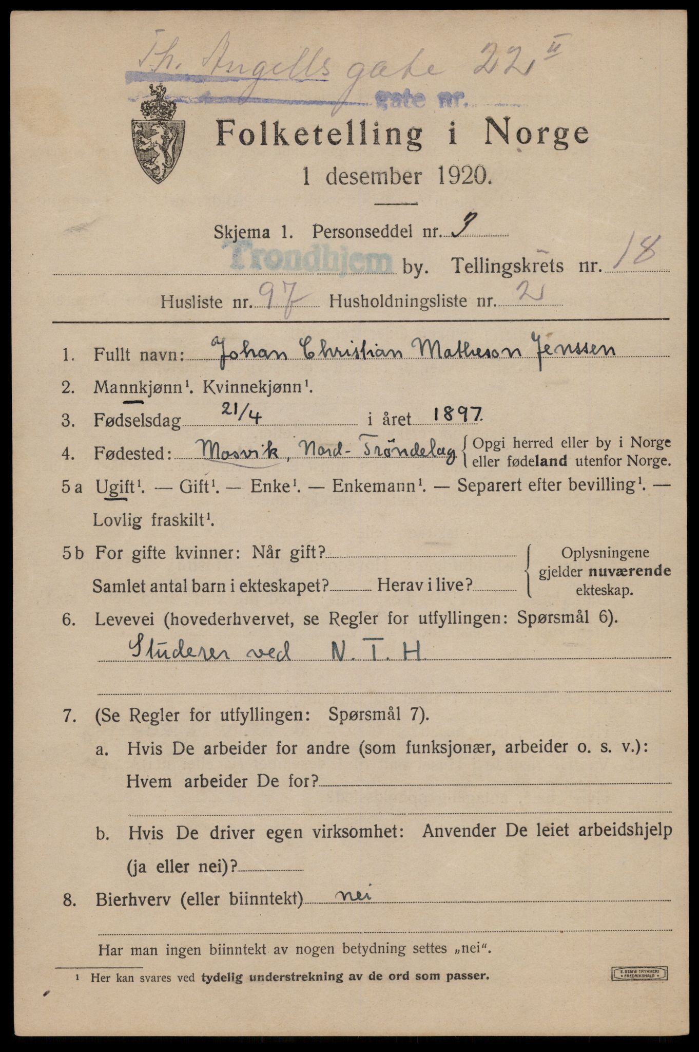 SAT, 1920 census for Trondheim, 1920, p. 58226