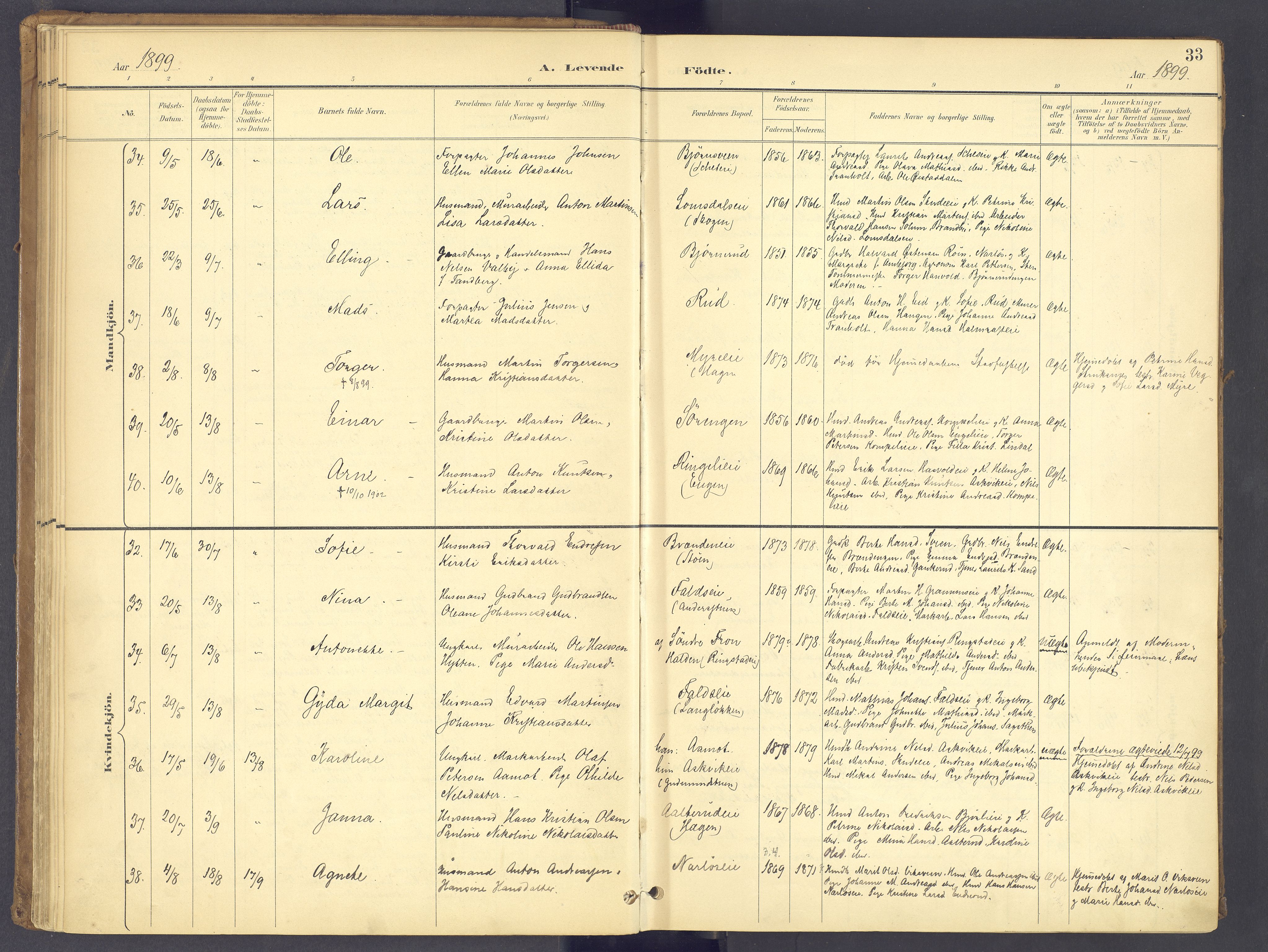 Søndre Land prestekontor, AV/SAH-PREST-122/K/L0006: Parish register (official) no. 6, 1895-1904, p. 33