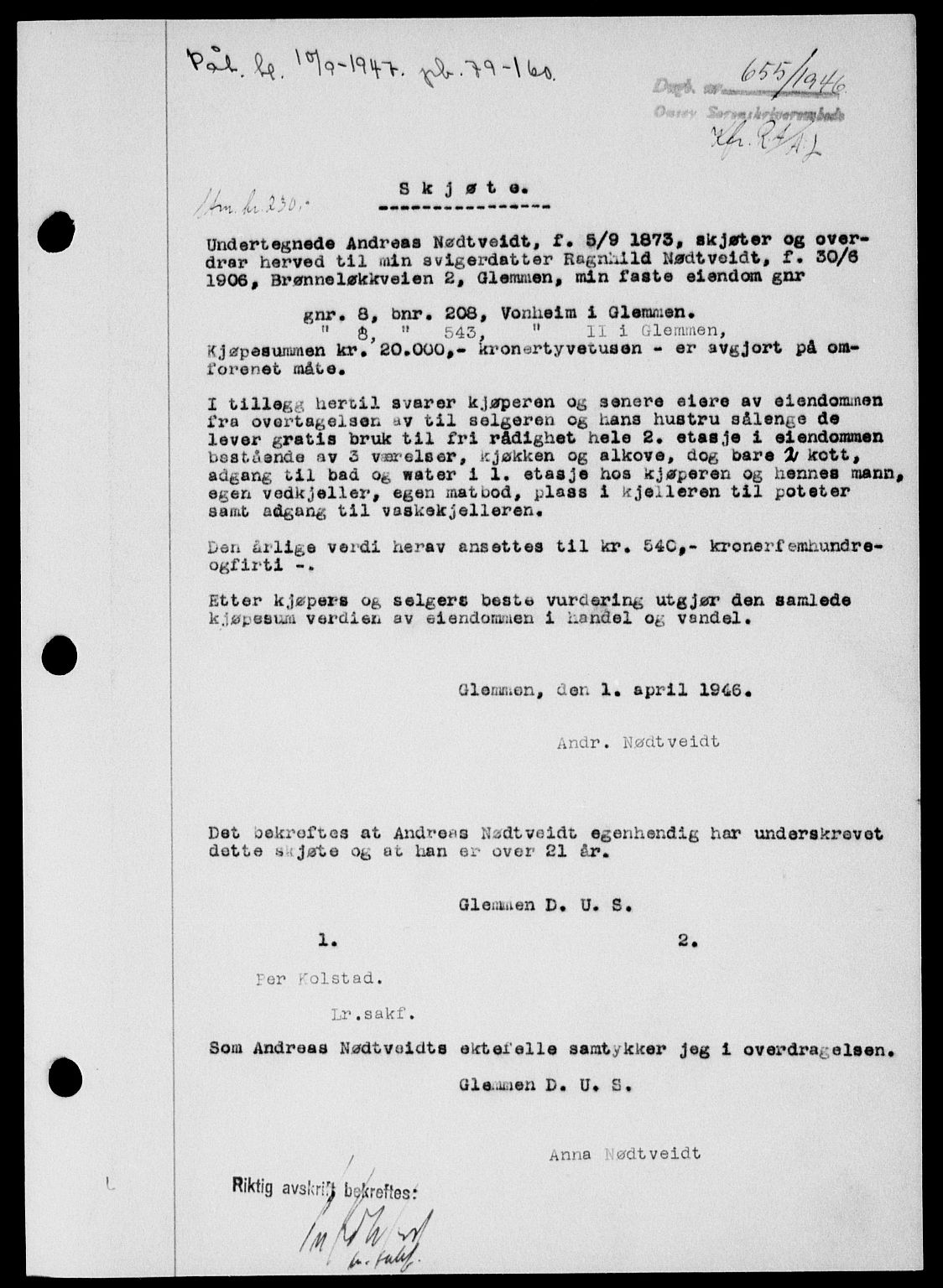 Onsøy sorenskriveri, SAO/A-10474/G/Ga/Gab/L0015: Mortgage book no. II A-15, 1945-1946, Diary no: : 655/1946