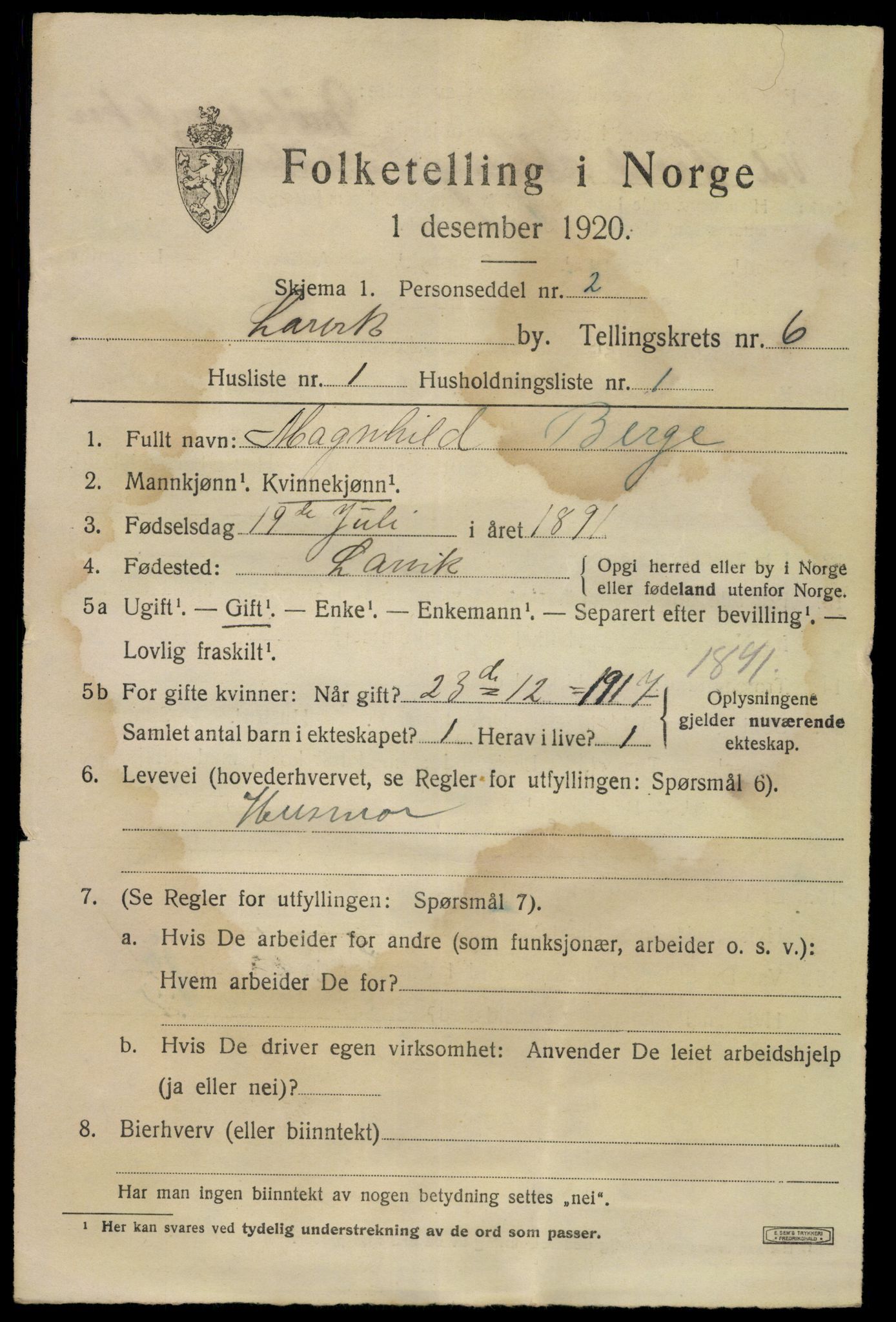 SAKO, 1920 census for Larvik, 1920, p. 17942