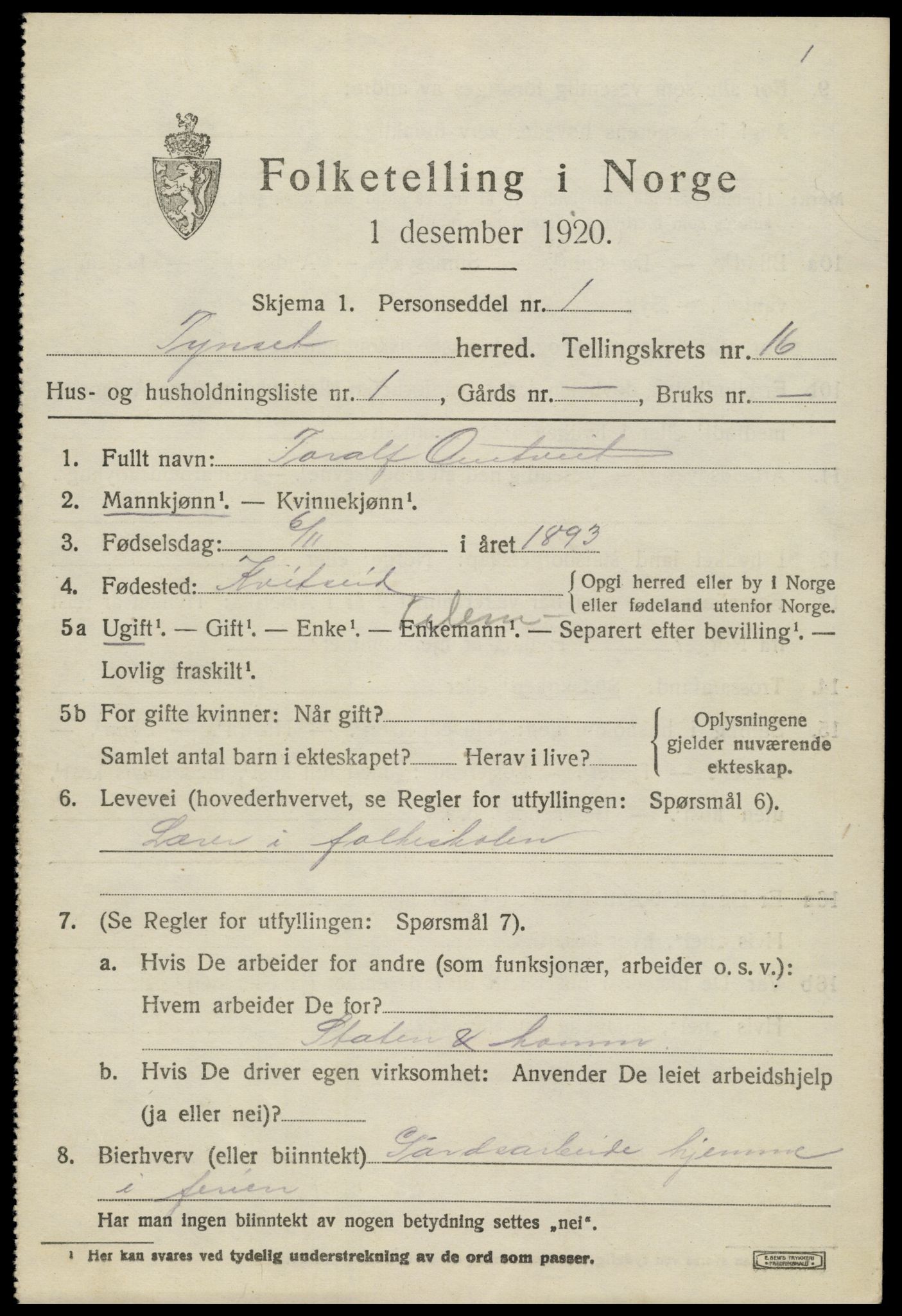 SAH, 1920 census for Tynset, 1920, p. 9674