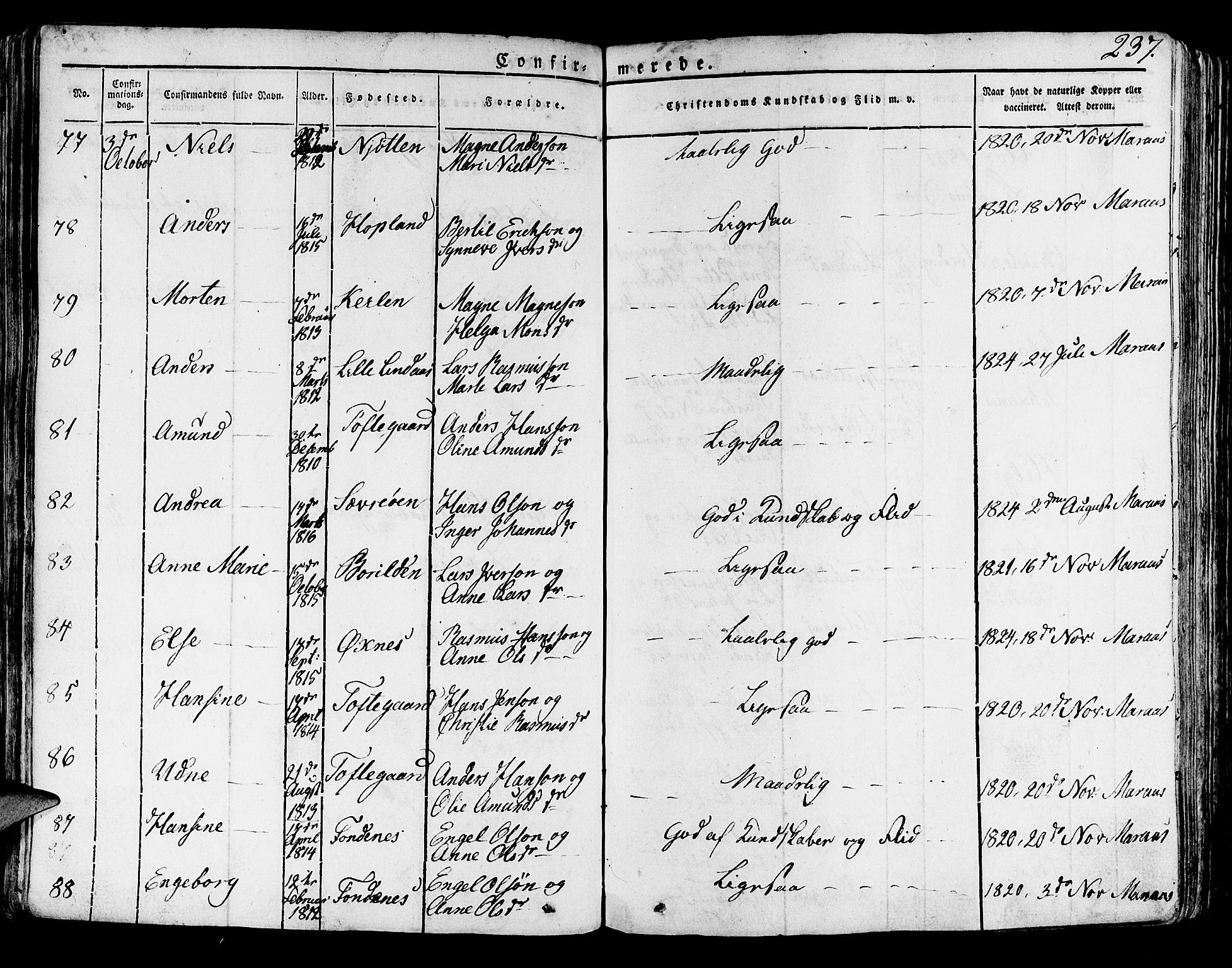 Lindås Sokneprestembete, SAB/A-76701/H/Haa: Parish register (official) no. A 8, 1823-1836, p. 237