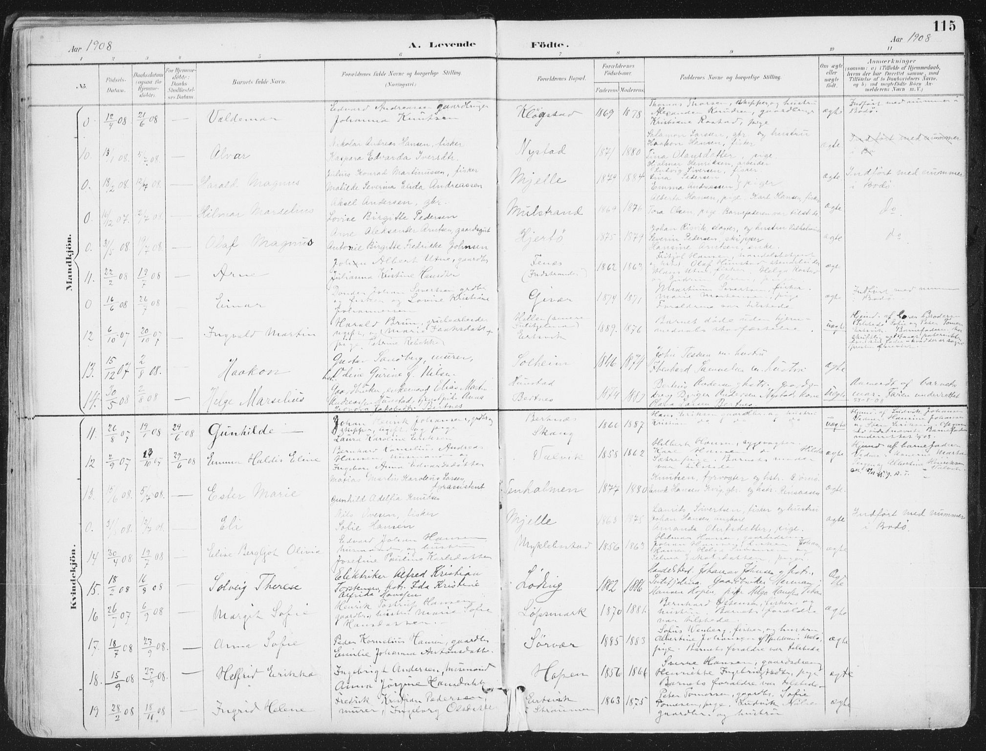 Ministerialprotokoller, klokkerbøker og fødselsregistre - Nordland, SAT/A-1459/802/L0055: Parish register (official) no. 802A02, 1894-1915, p. 115