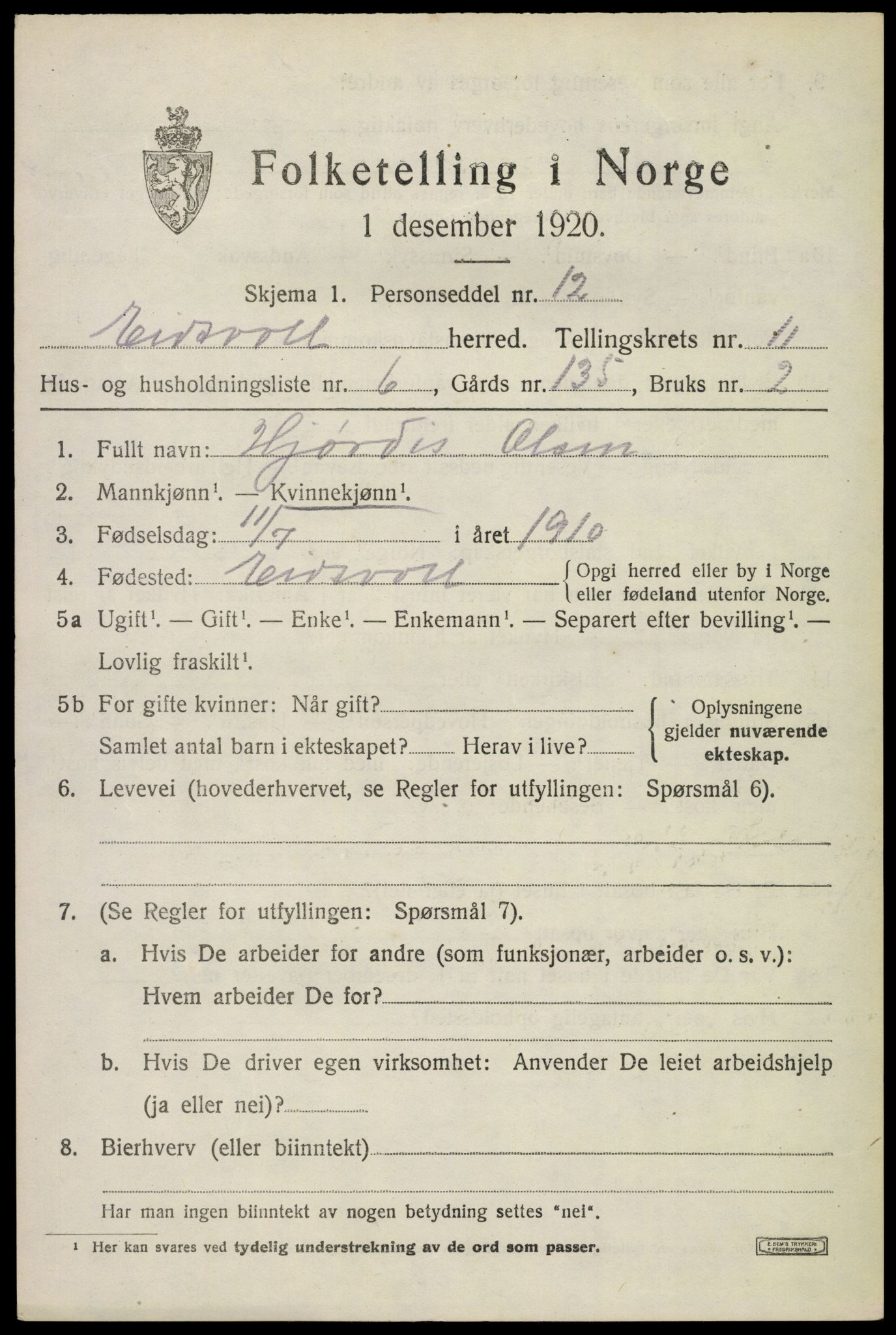 SAO, 1920 census for Eidsvoll, 1920, p. 17283