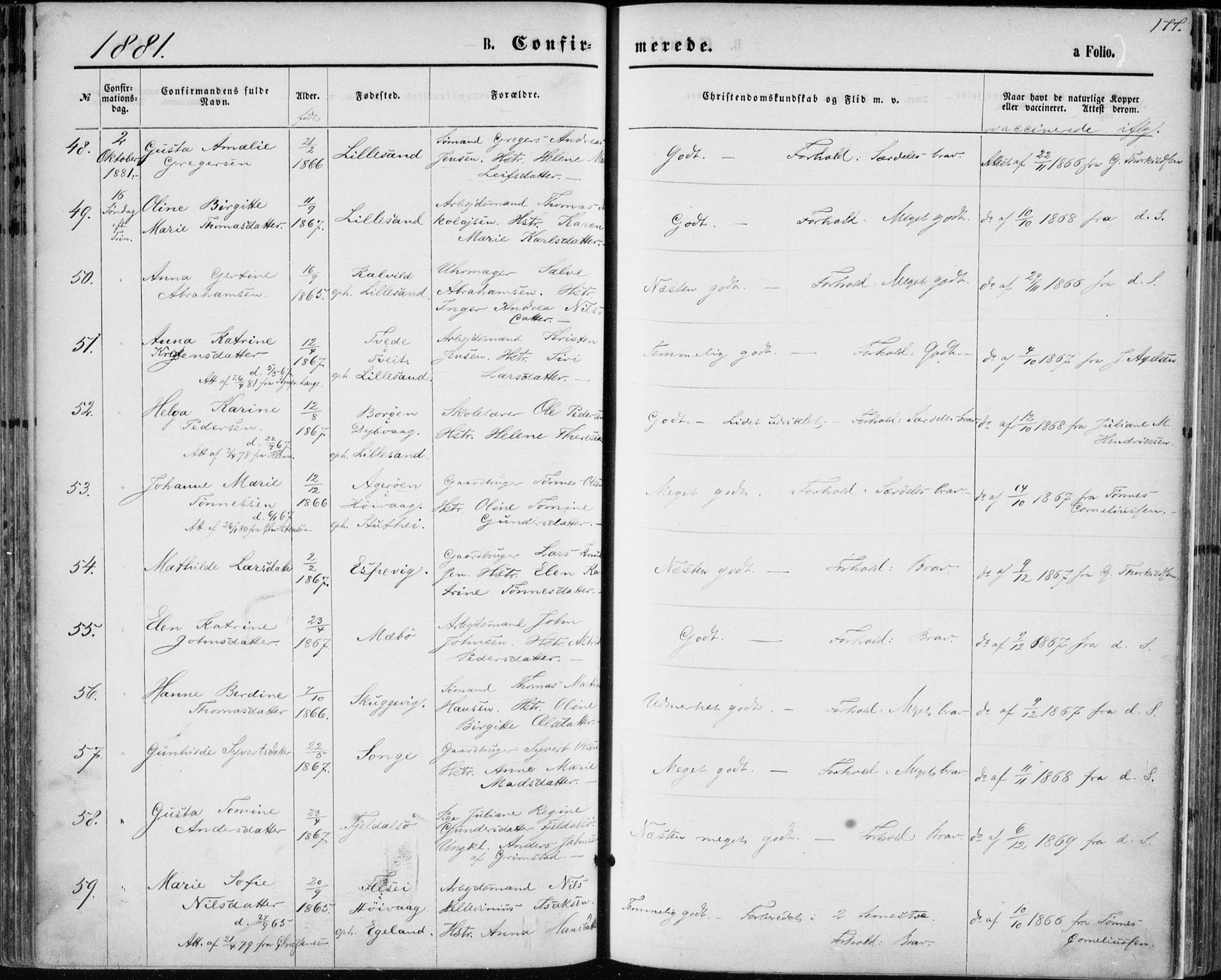 Vestre Moland sokneprestkontor, AV/SAK-1111-0046/F/Fa/Fab/L0008: Parish register (official) no. A 8, 1873-1883, p. 177