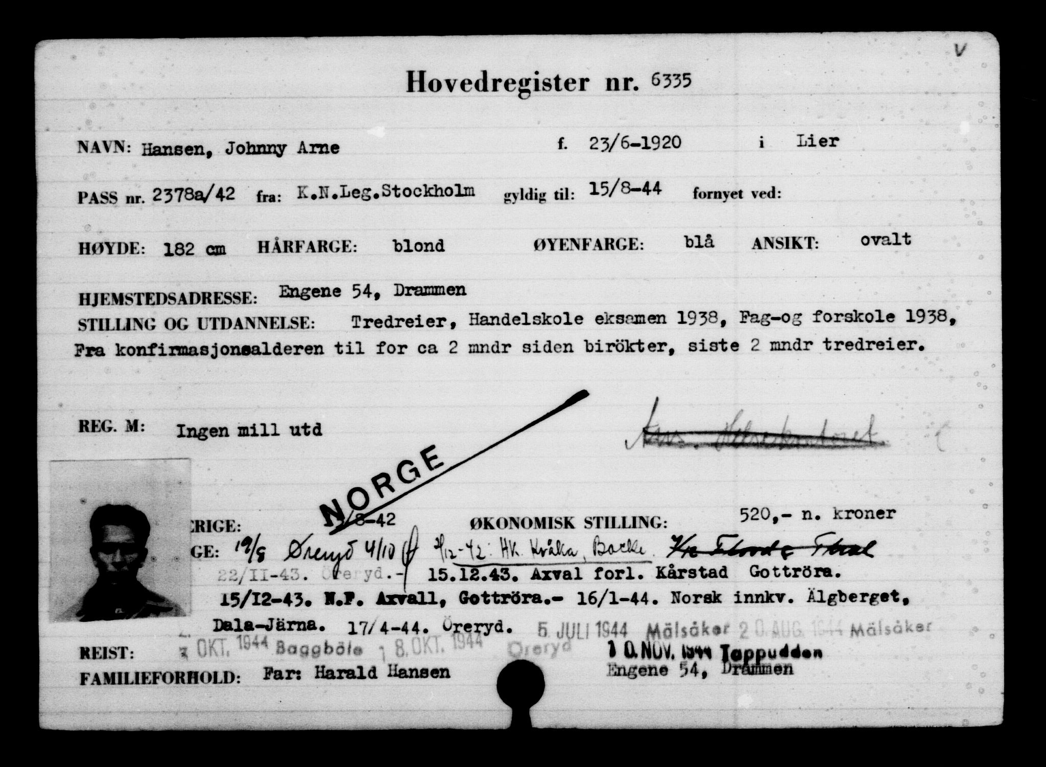 Utenriksstasjonene, Legasjonen i Stockholm, Flyktningkontoret, AV/RA-S-6753/V/Va/L0004: Kjesäterkartoteket, flyktninger med registreringsnr. 3496-6610, 1940-1945, p. 3354