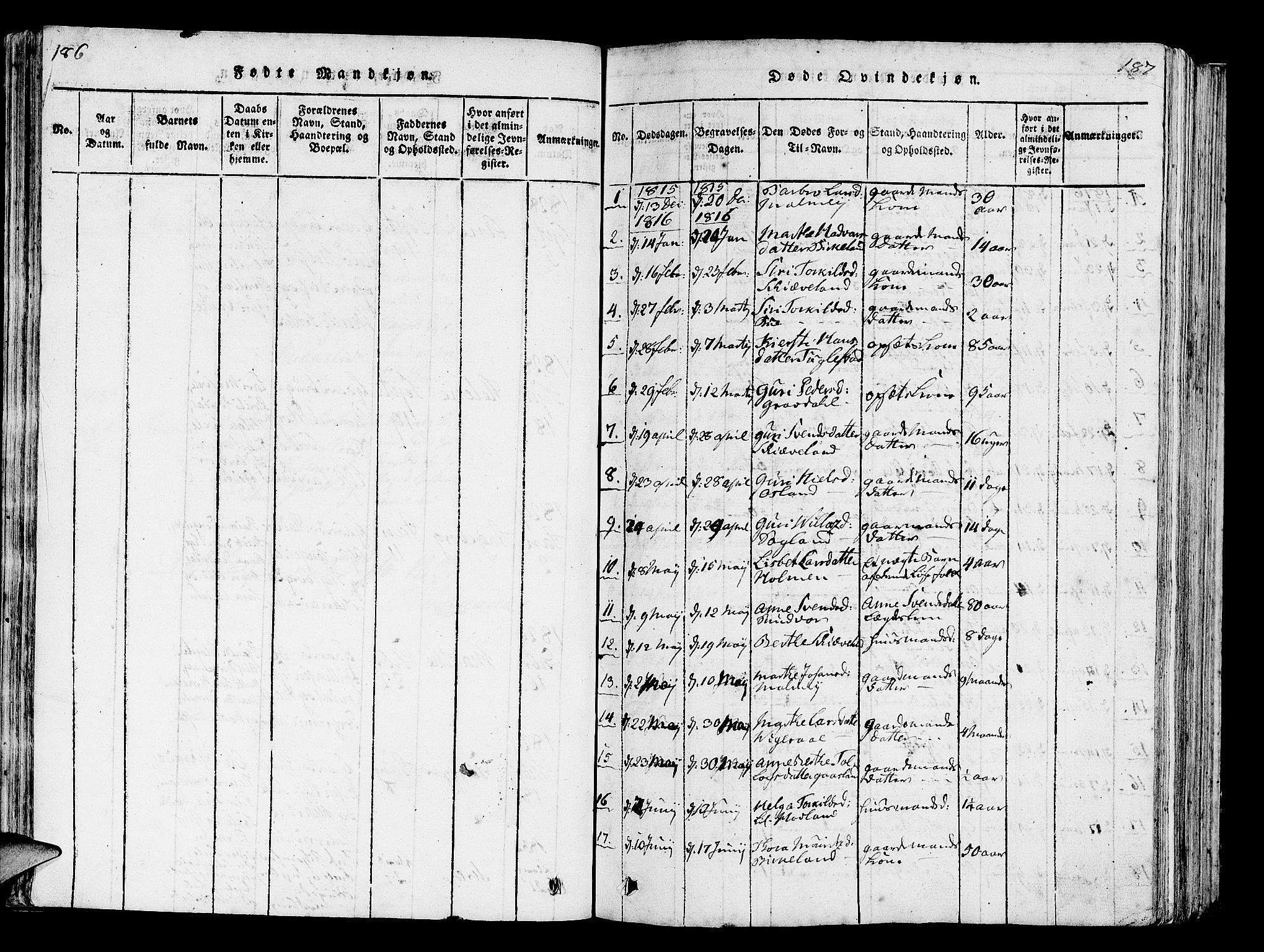 Helleland sokneprestkontor, SAST/A-101810: Parish register (official) no. A 5, 1815-1834, p. 186-187